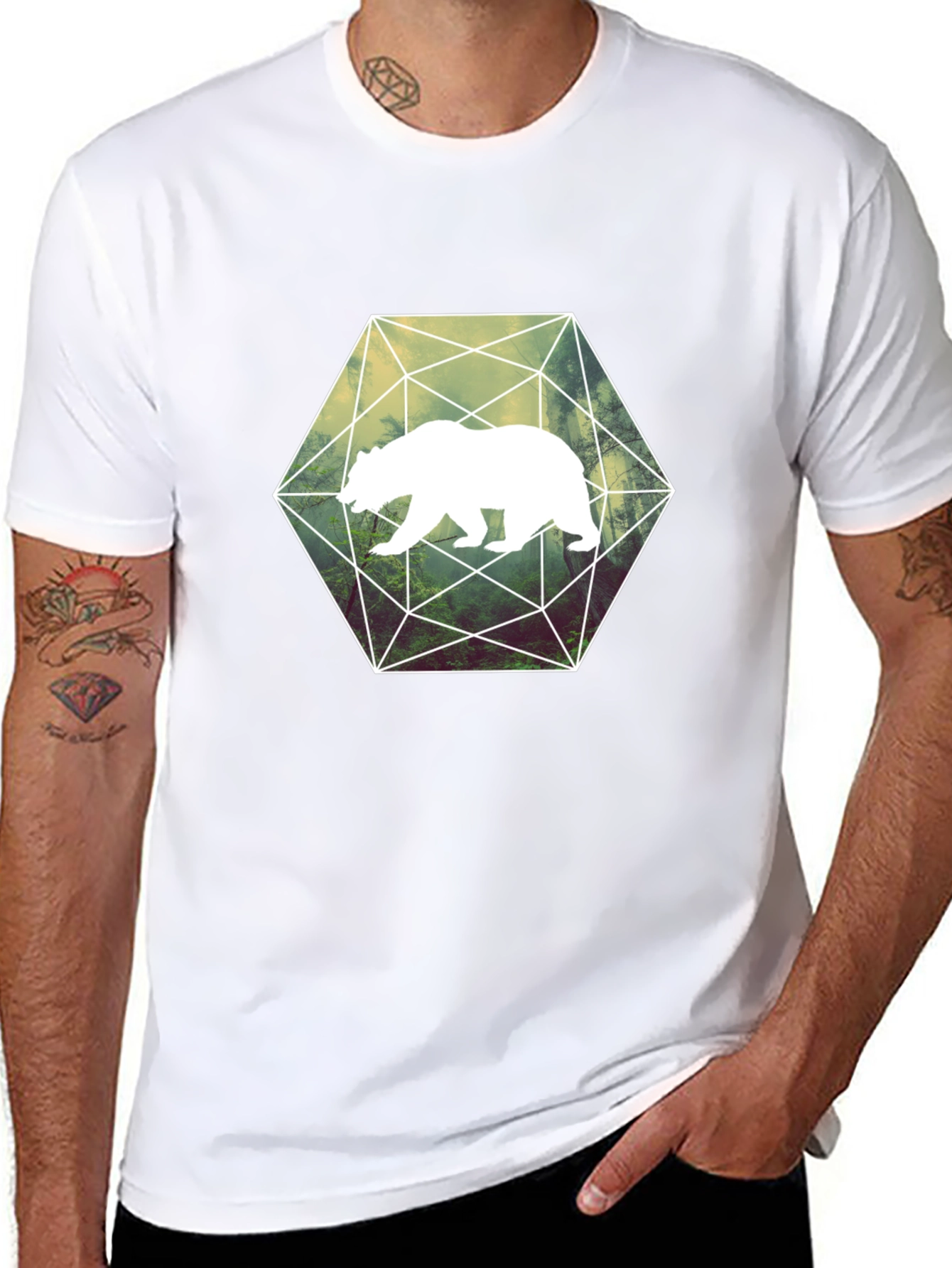 Geometric Bear Graphic T-Shirt - Black