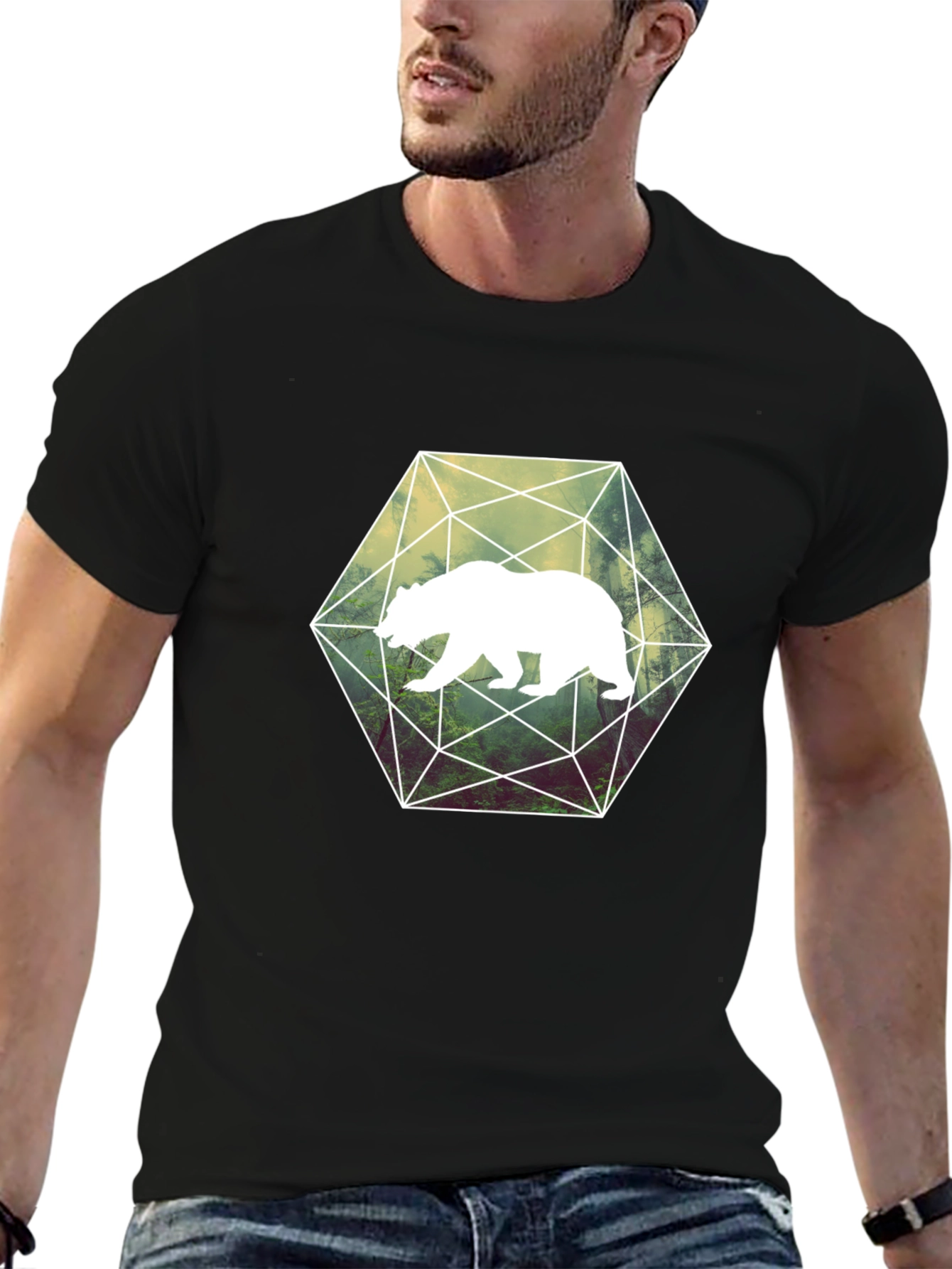 Geometric Bear Graphic T-Shirt - Black