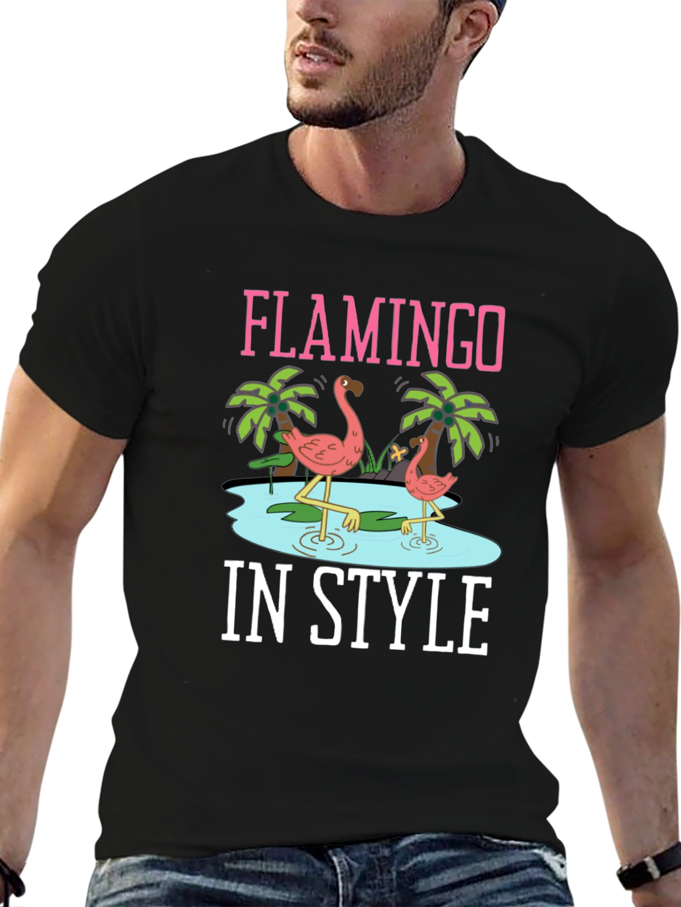 Flamingo In Style Black Graphic Tee
