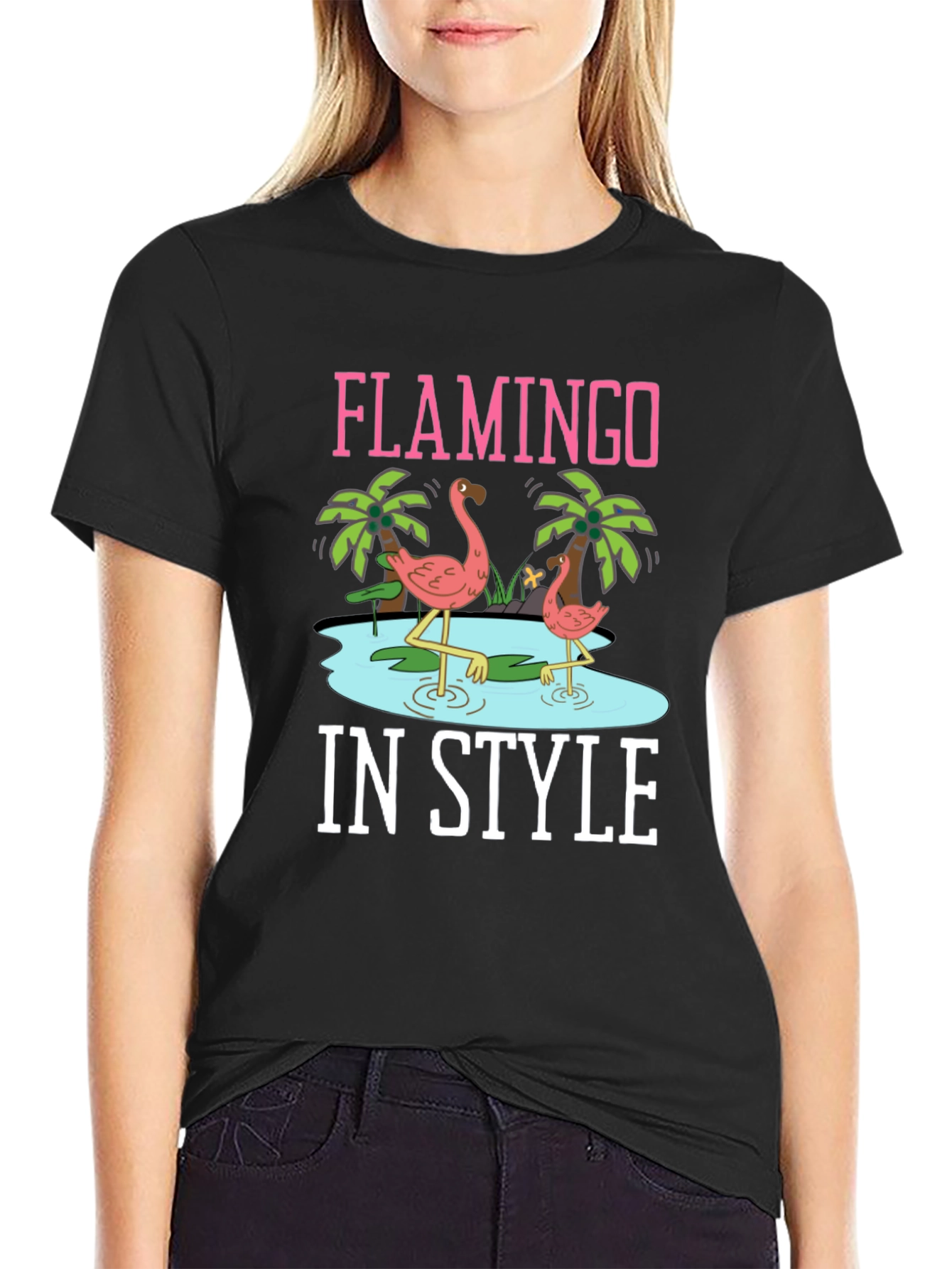 Flamingo In Style Black Graphic Tee