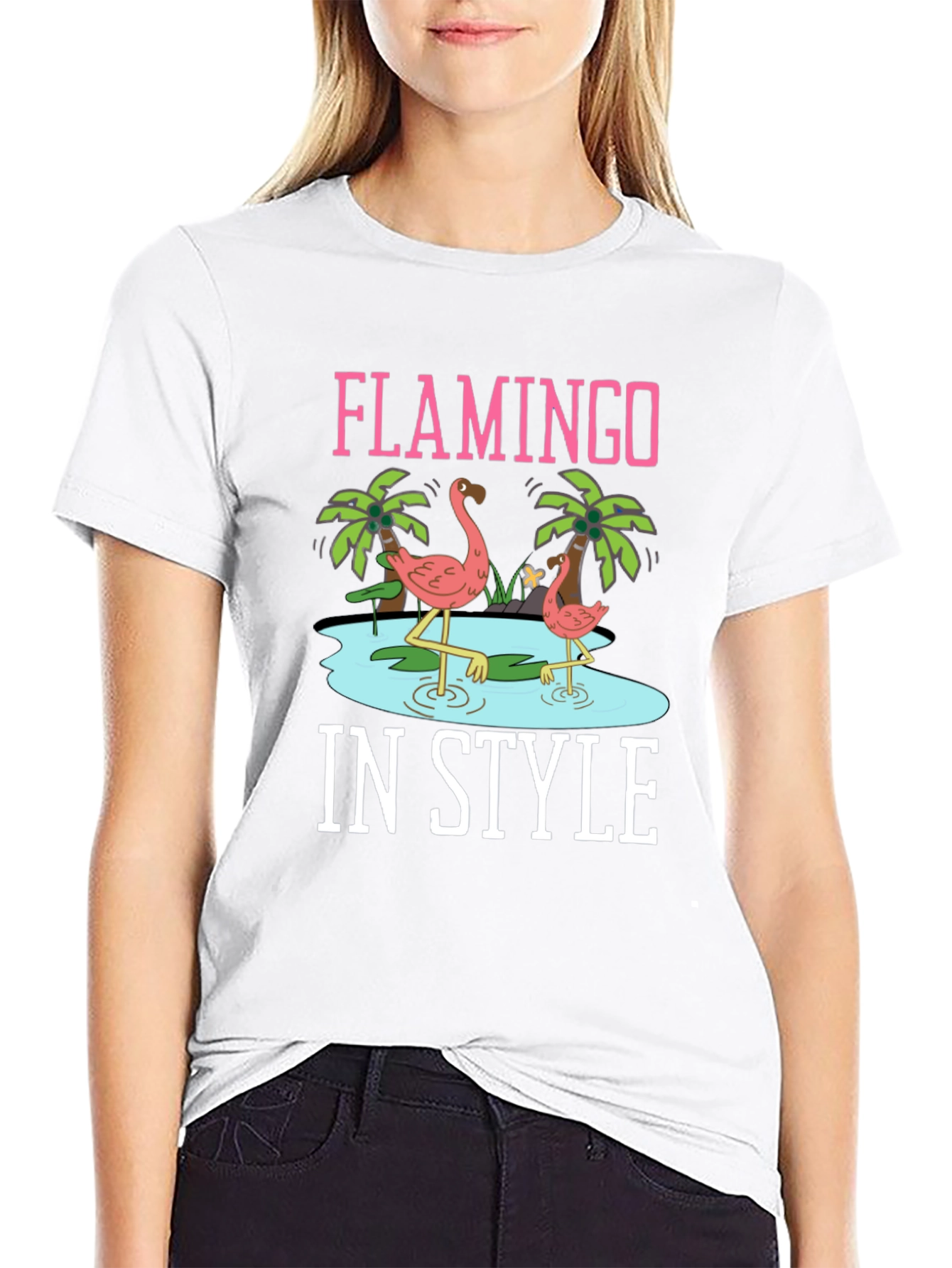 Flamingo In Style Black Graphic Tee