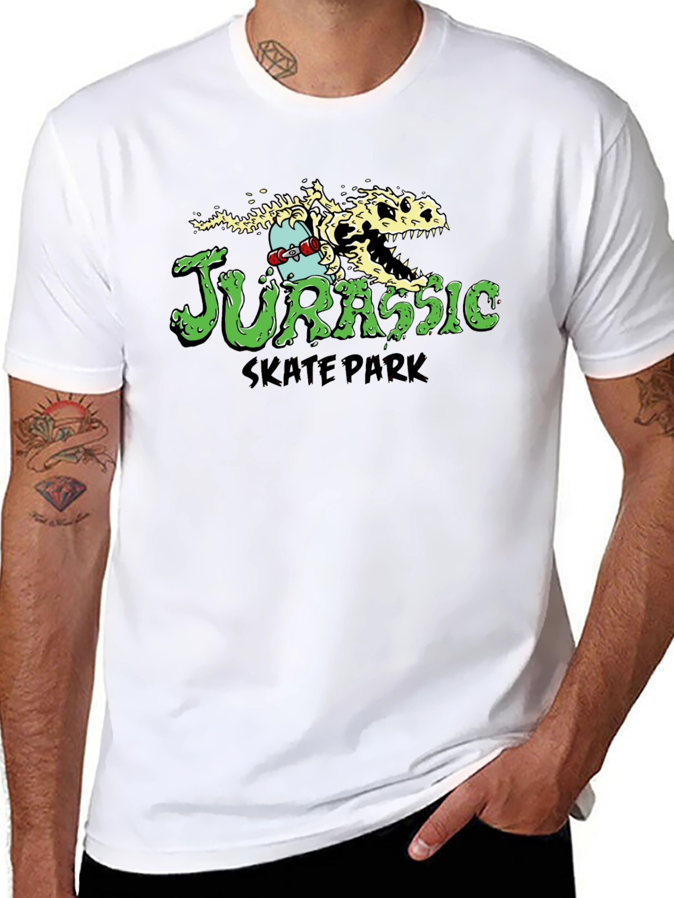 Jurassic Skate Park T-Shirt - Dinosaur Skeleton Skateboard Tee