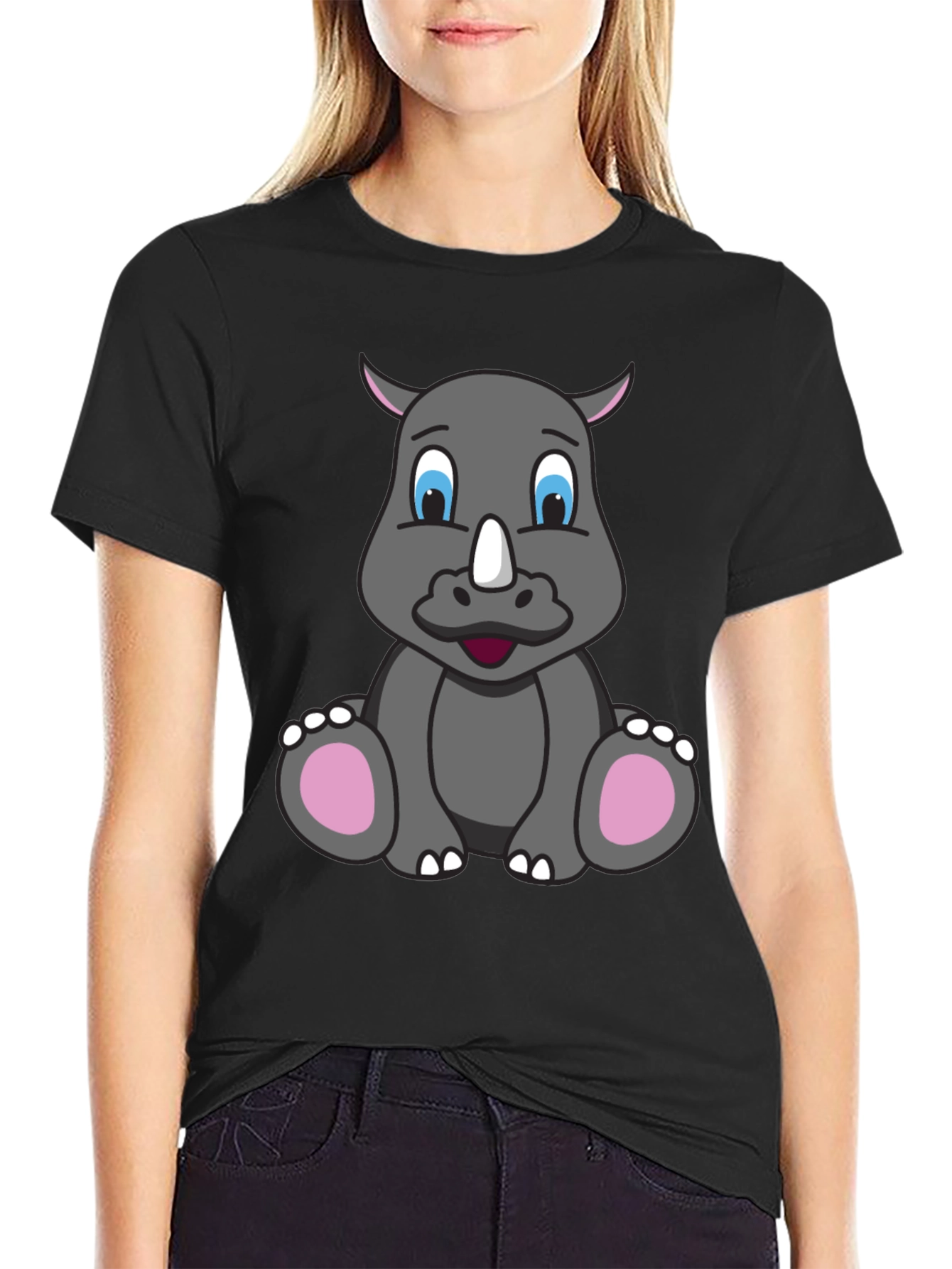 Cute Cartoon Rhino Black T-Shirt