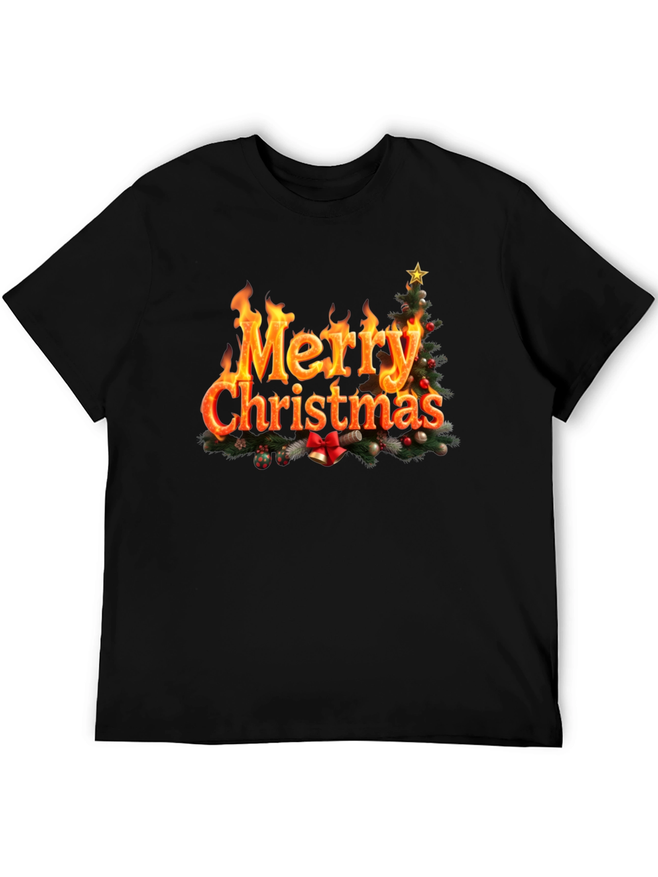 Festive Fire Merry Christmas Black T-Shirt