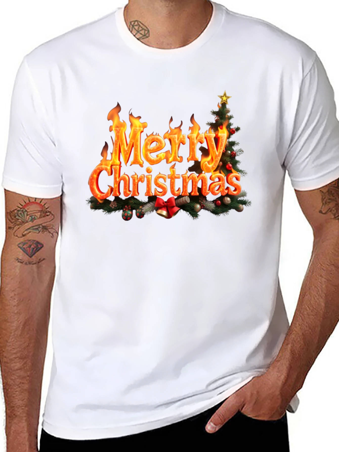 Festive Fire Merry Christmas Black T-Shirt