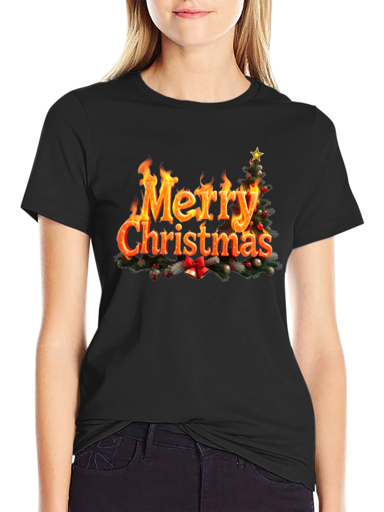 Festive Fire Merry Christmas Black T-Shirt
