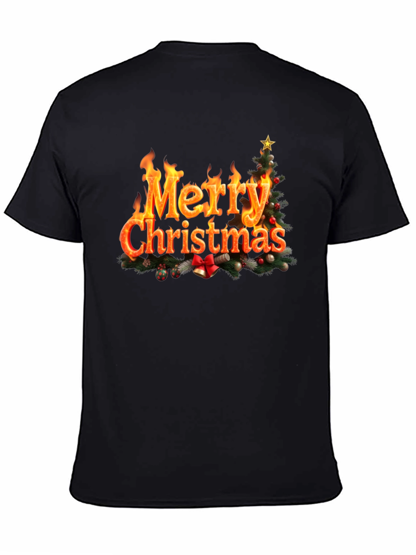 Festive Fire Merry Christmas Black T-Shirt