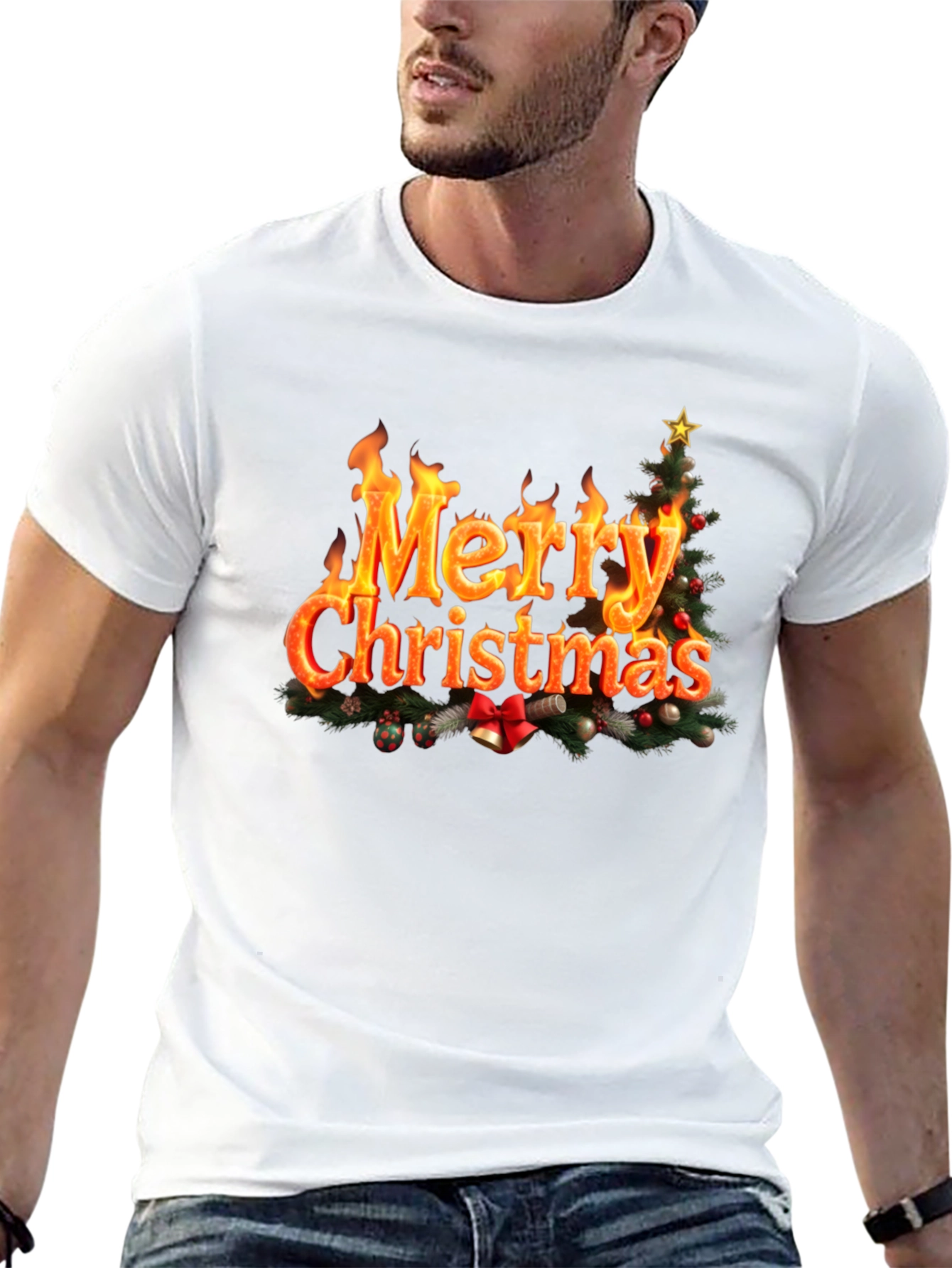 Festive Fire Merry Christmas Black T-Shirt