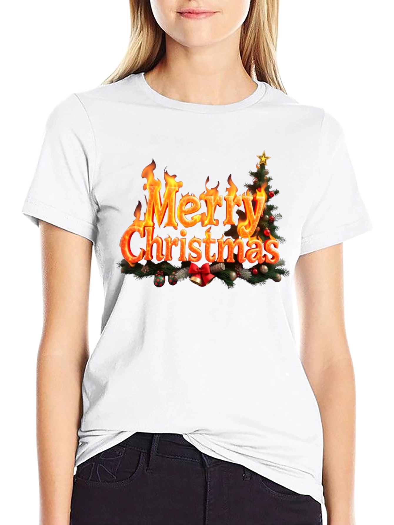 Festive Fire Merry Christmas Black T-Shirt