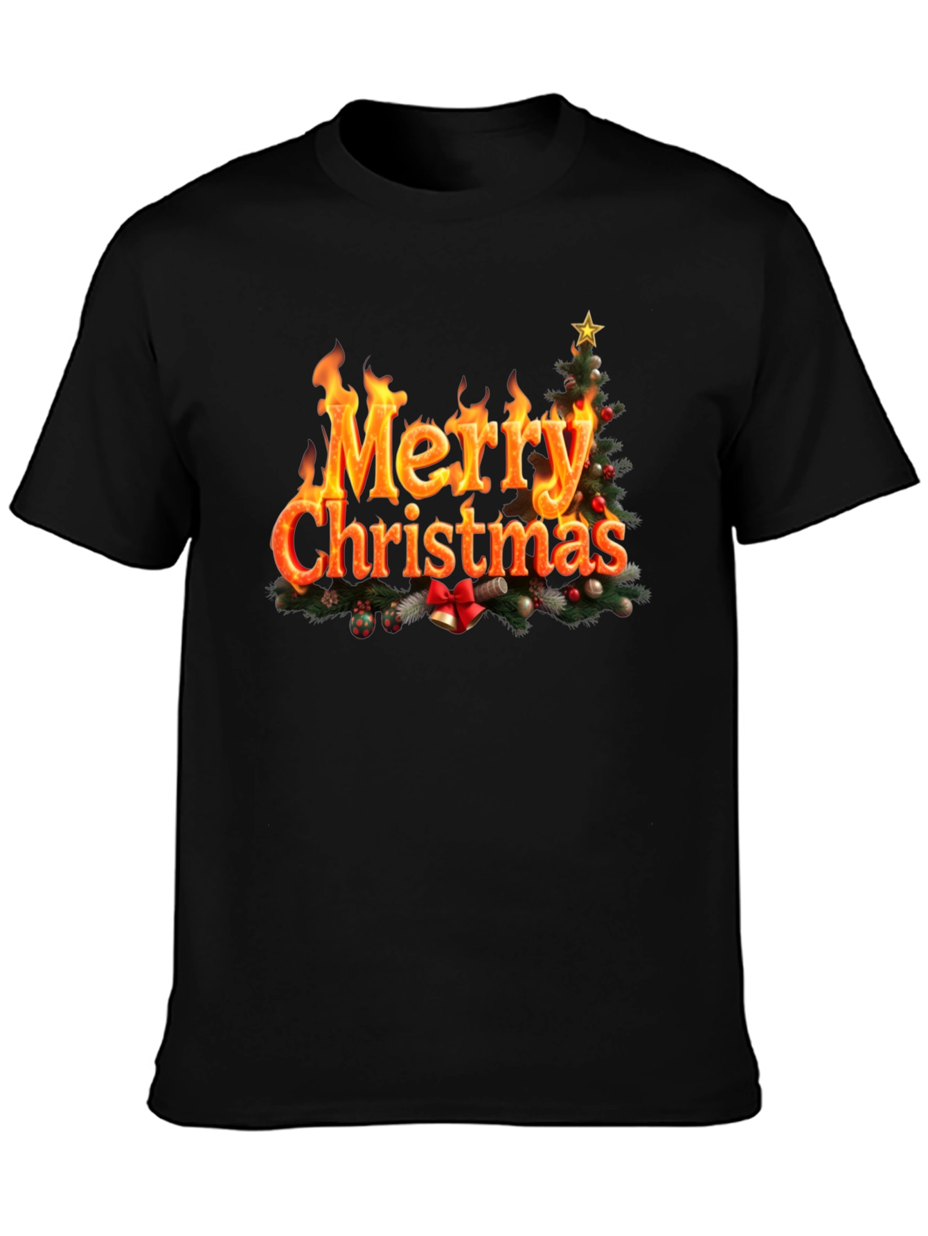 Festive Fire Merry Christmas Black T-Shirt