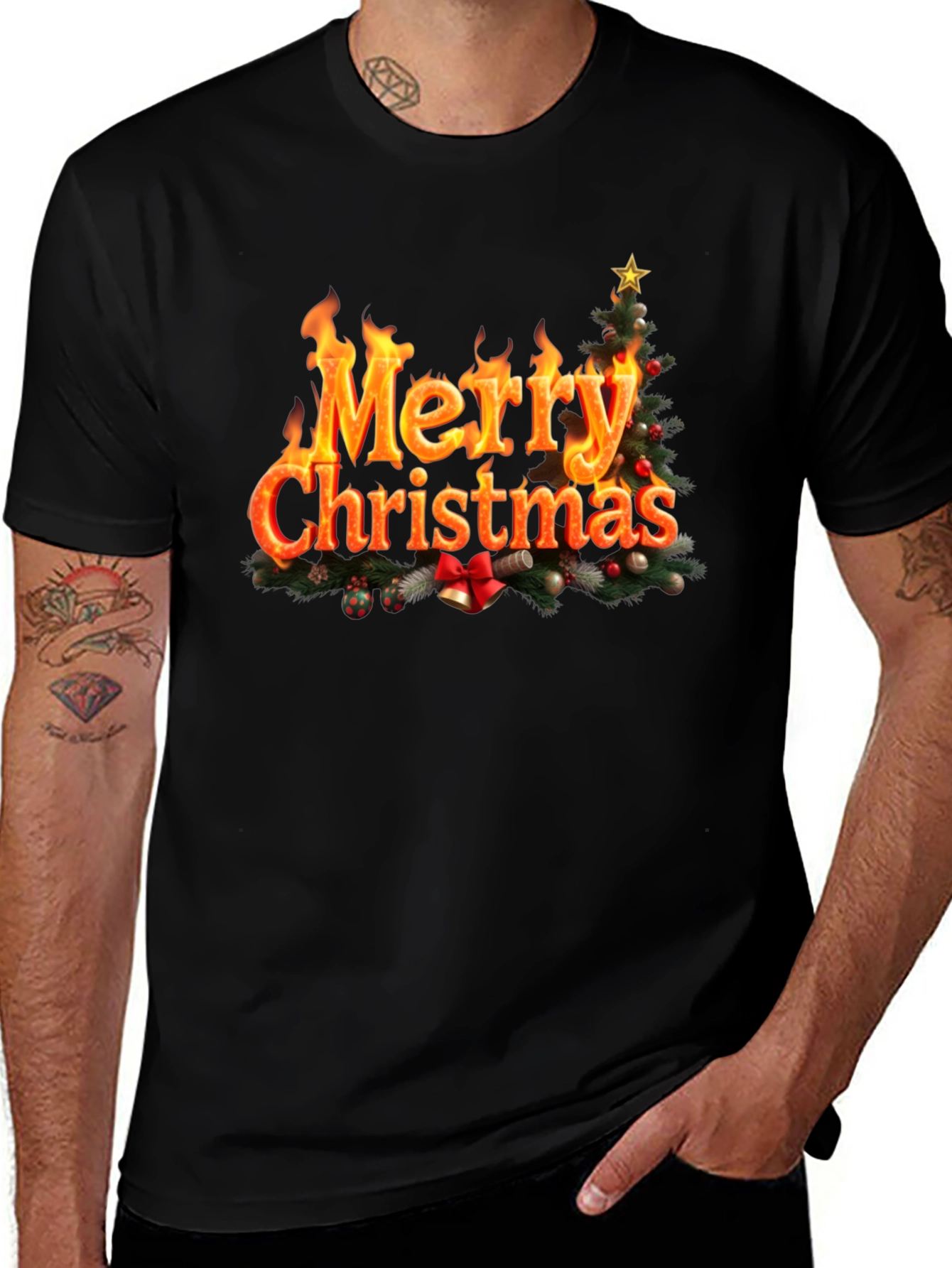 Festive Fire Merry Christmas Black T-Shirt