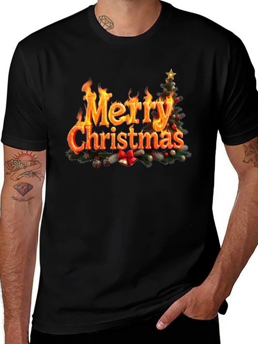 Festive Fire Merry Christmas Black T-Shirt