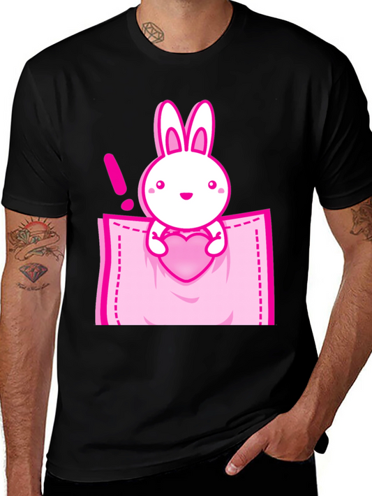 Cute Bunny in Pocket Graphic Tee - Black Cotton Shirt