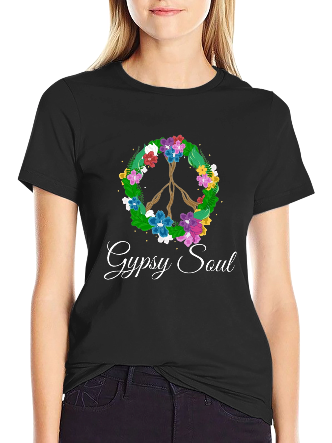 Gypsy Soul Floral Peace Sign Black T-Shirt