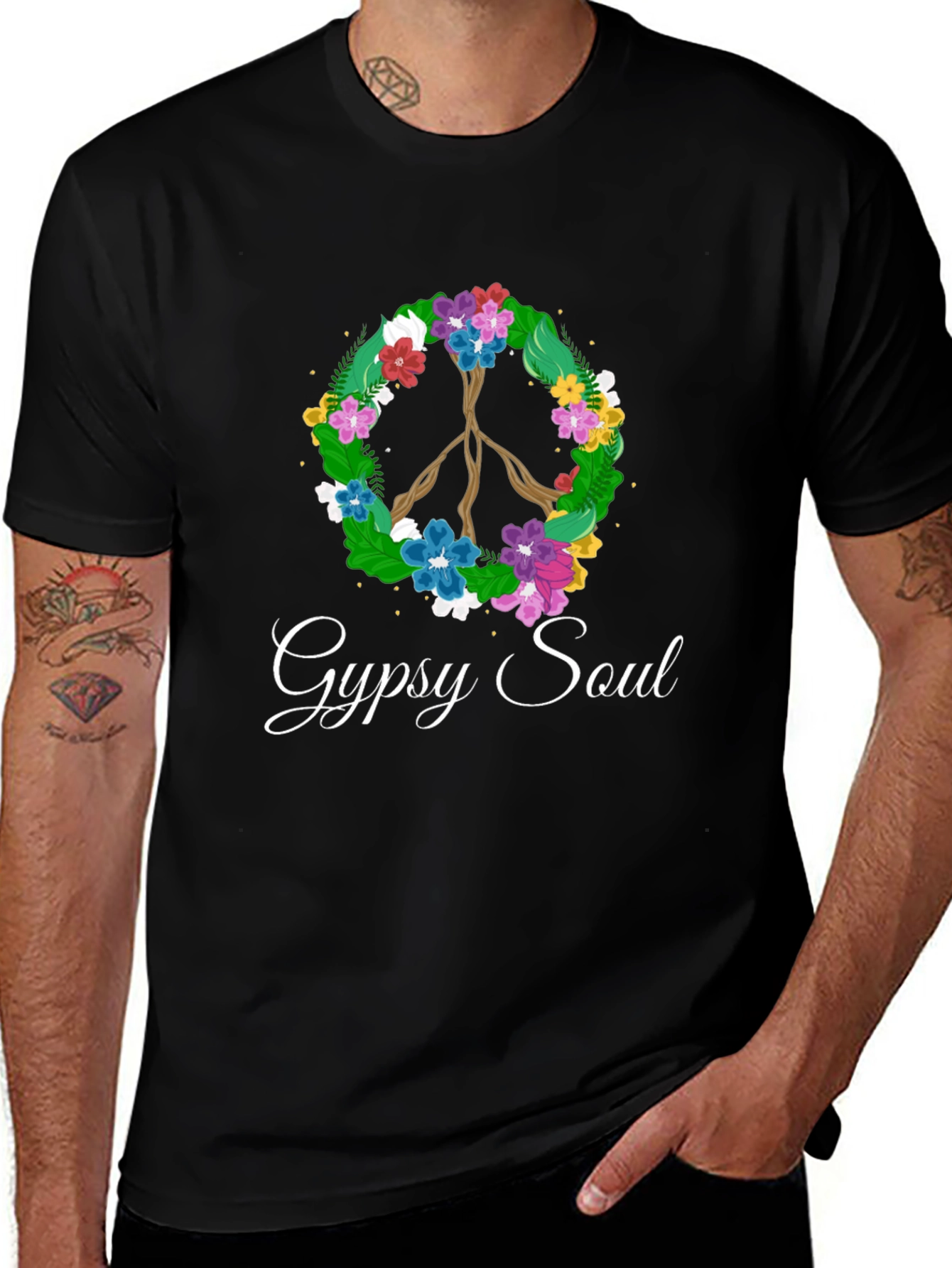 Gypsy Soul Floral Peace Sign Black T-Shirt