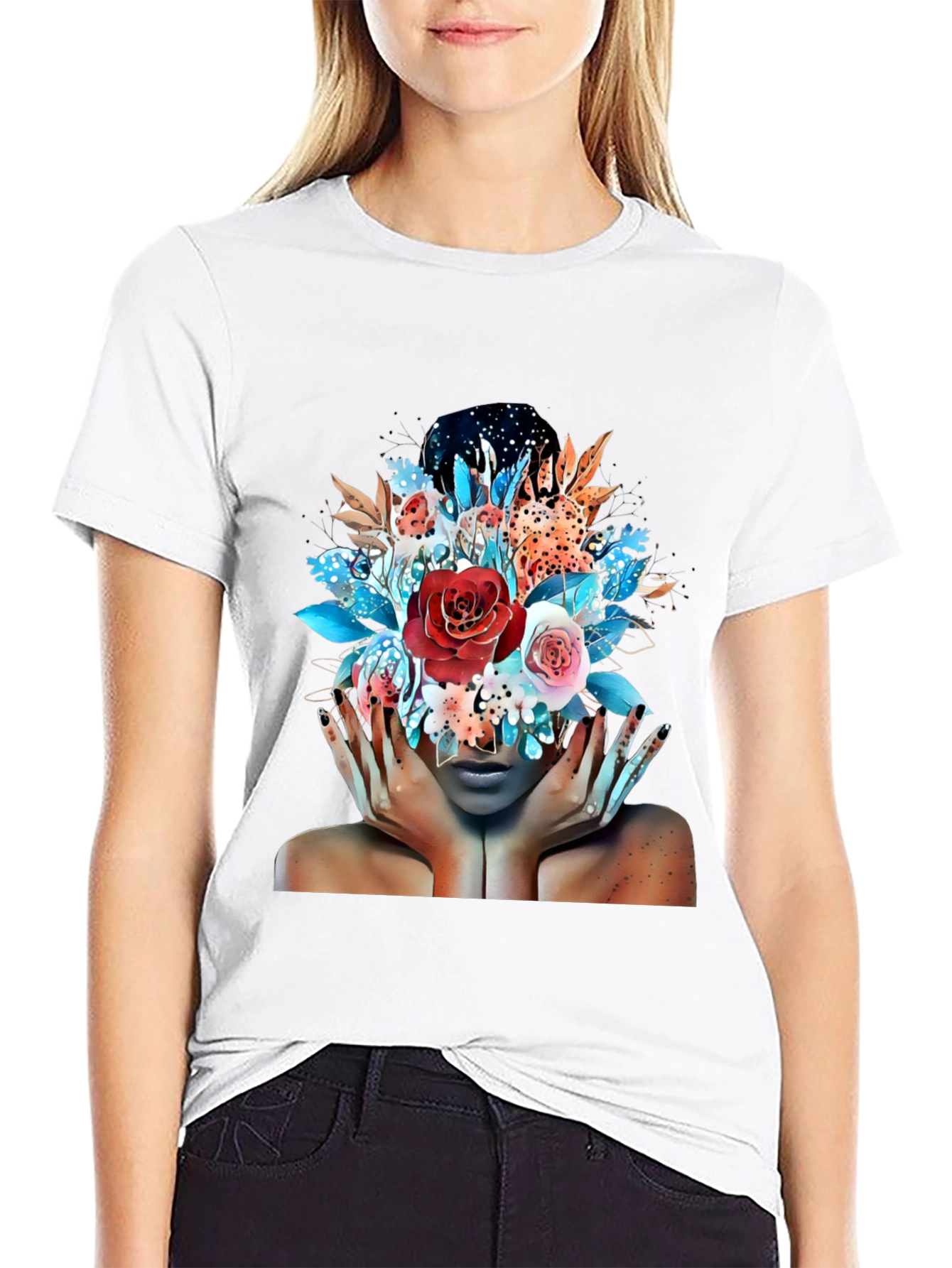 Floral Fantasy Graphic Tee - Artistic Woman Print