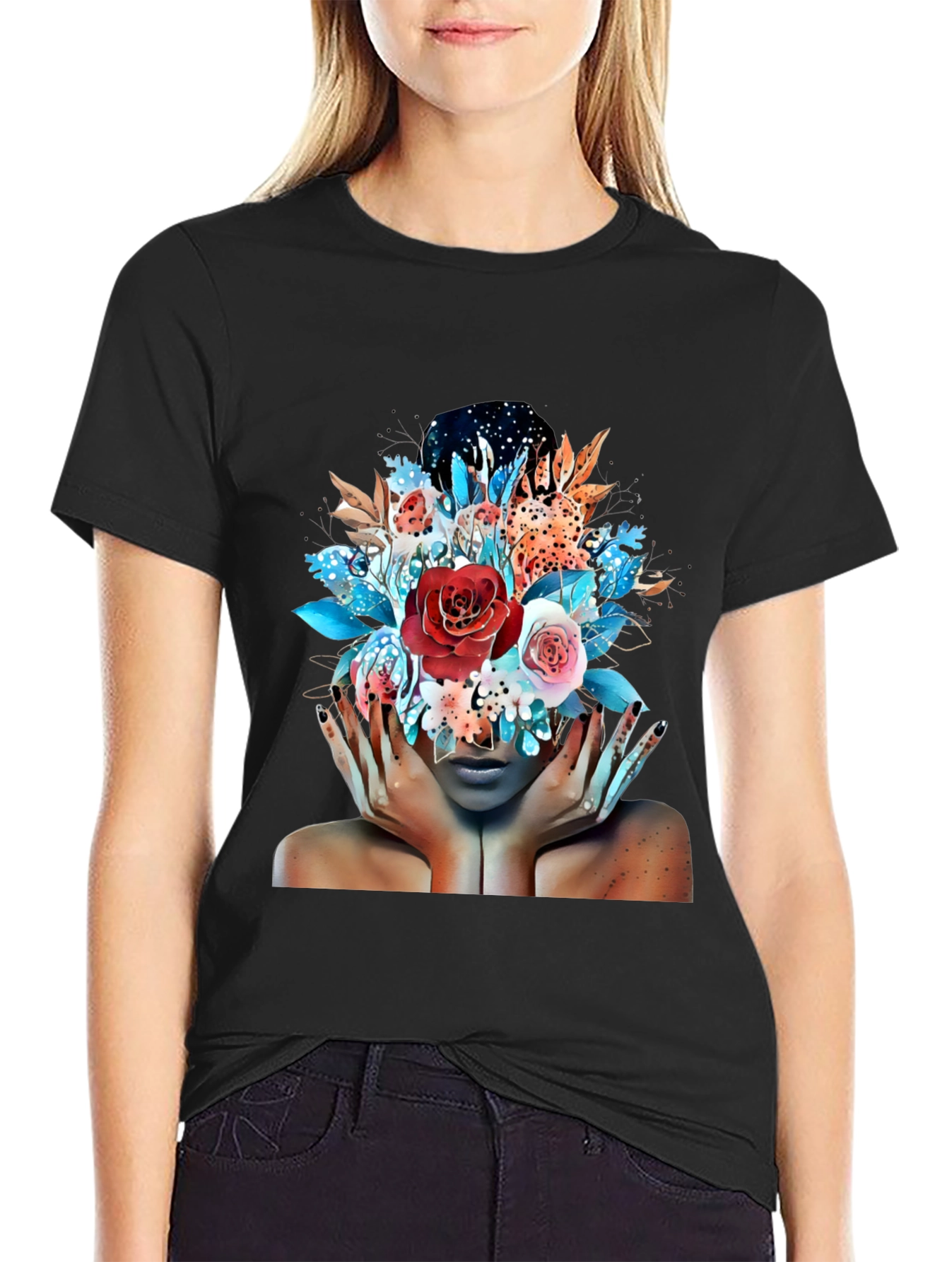 Floral Fantasy Graphic Tee - Artistic Woman Print