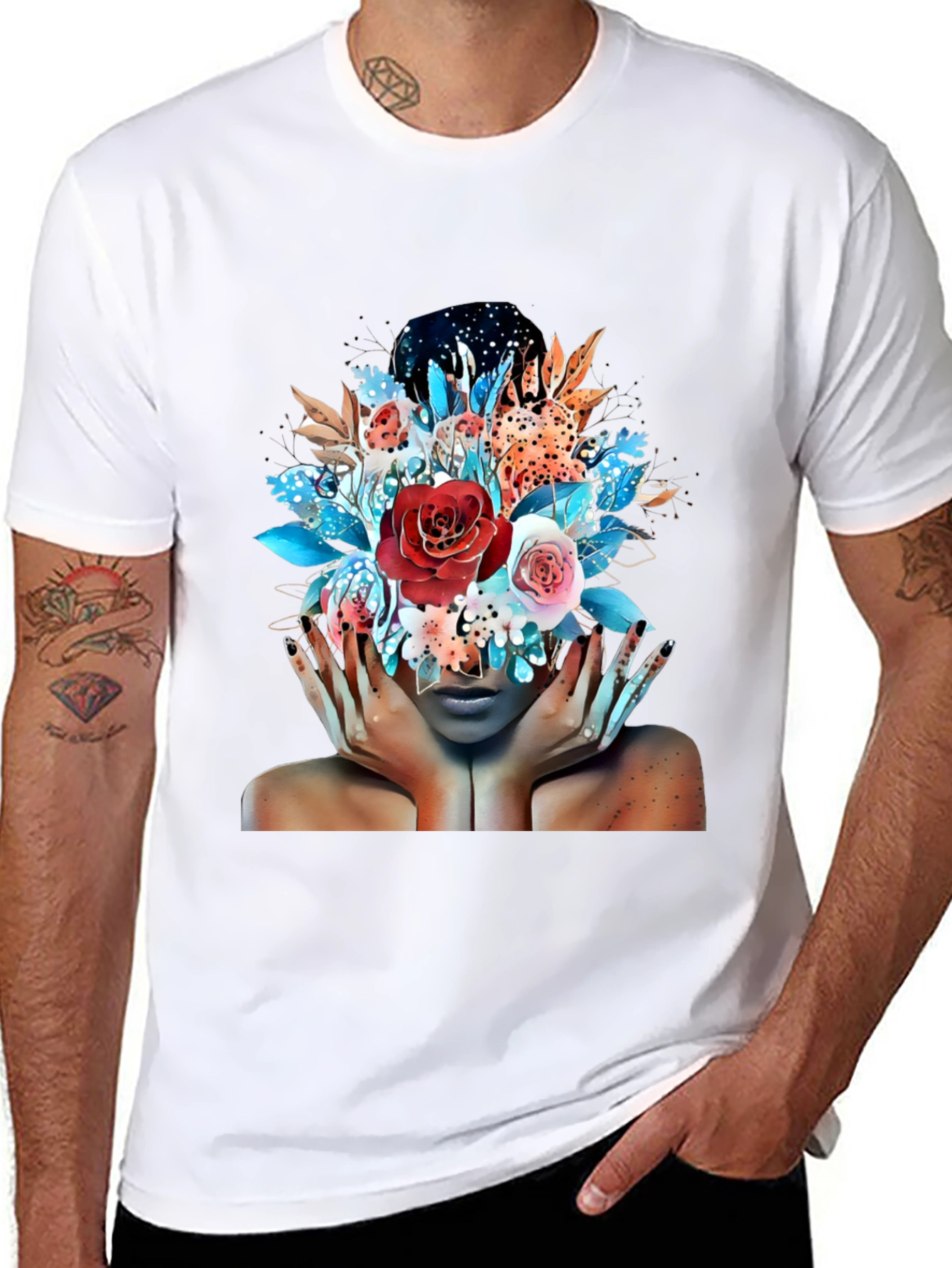 Floral Fantasy Graphic Tee - Artistic Woman Print