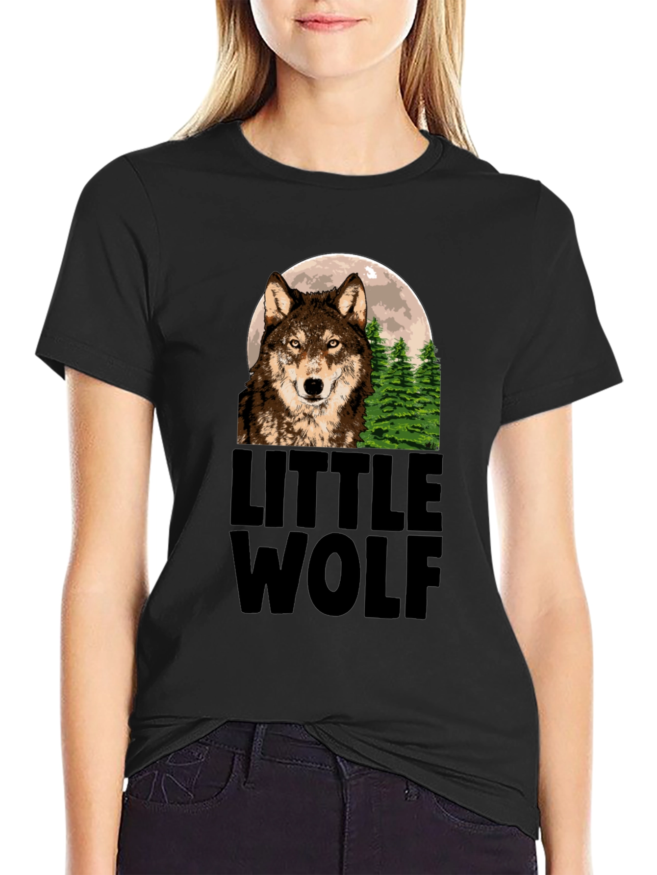 Little Wolf Graphic Print Black T-Shirt