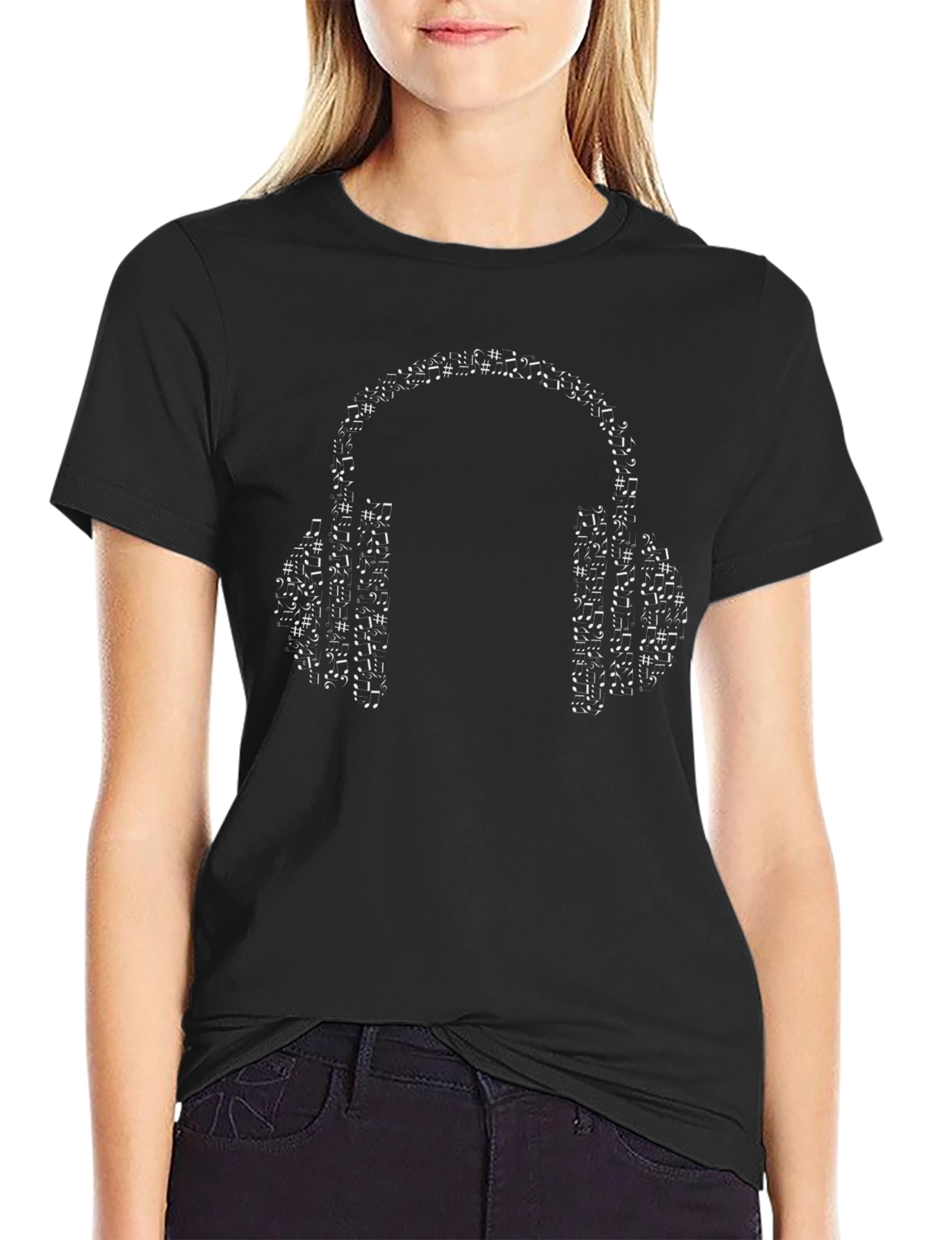 Musical Notes Headphones Black T-Shirt