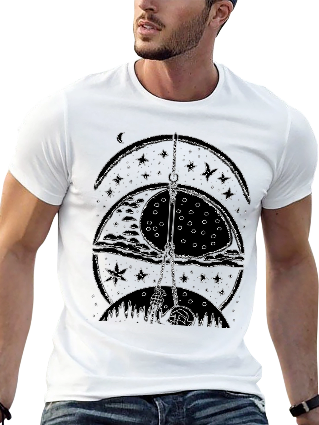 Mystic Nightscape Graphic Tee - Stylish Black Cotton