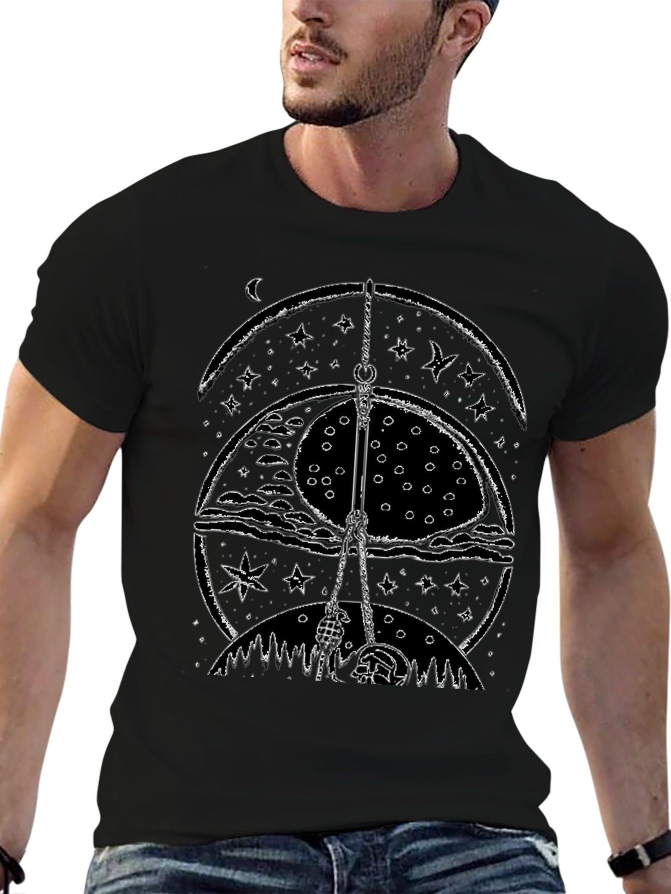Mystic Nightscape Graphic Tee - Stylish Black Cotton