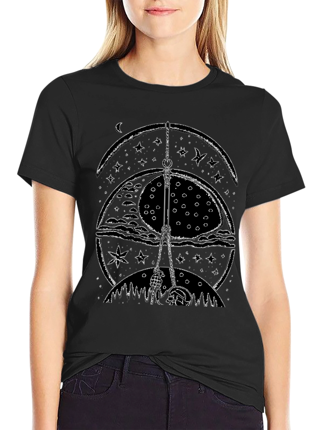Mystic Nightscape Graphic Tee - Stylish Black Cotton