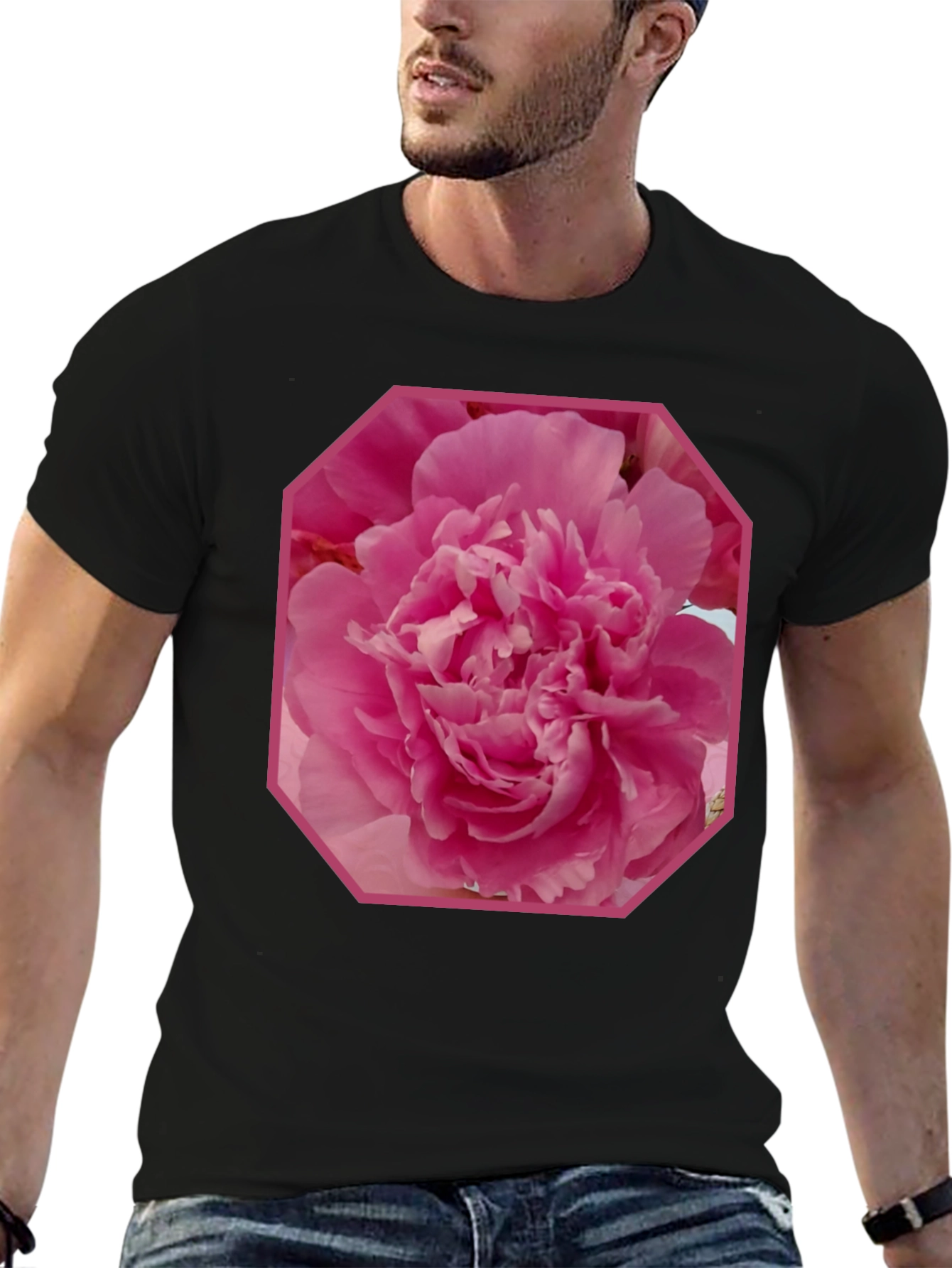 Pink Flower Graphic Tee - Stylish Mens Black T-Shirt