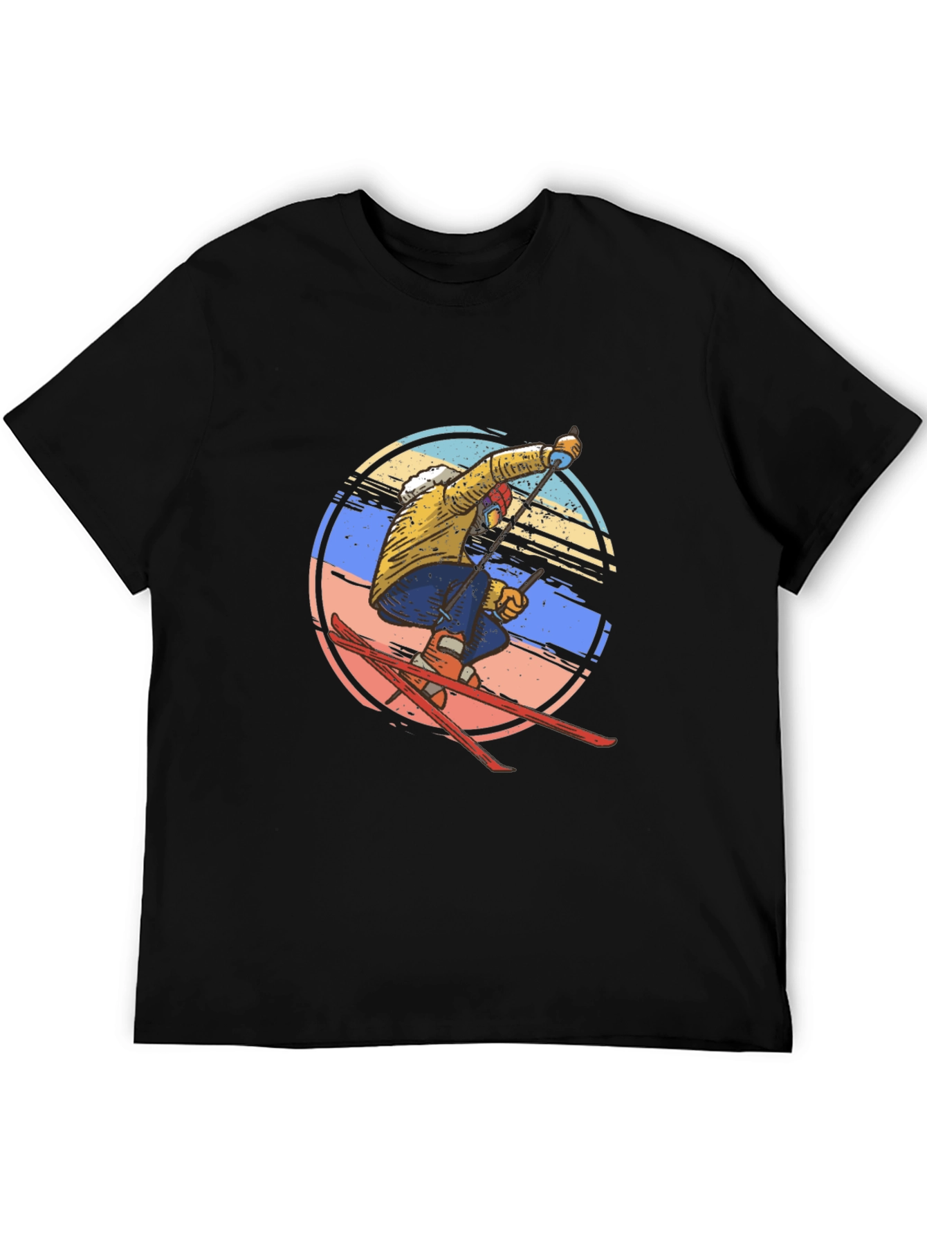 Retro Skiing Graphic Tee - Mens Black Cotton T-Shirt