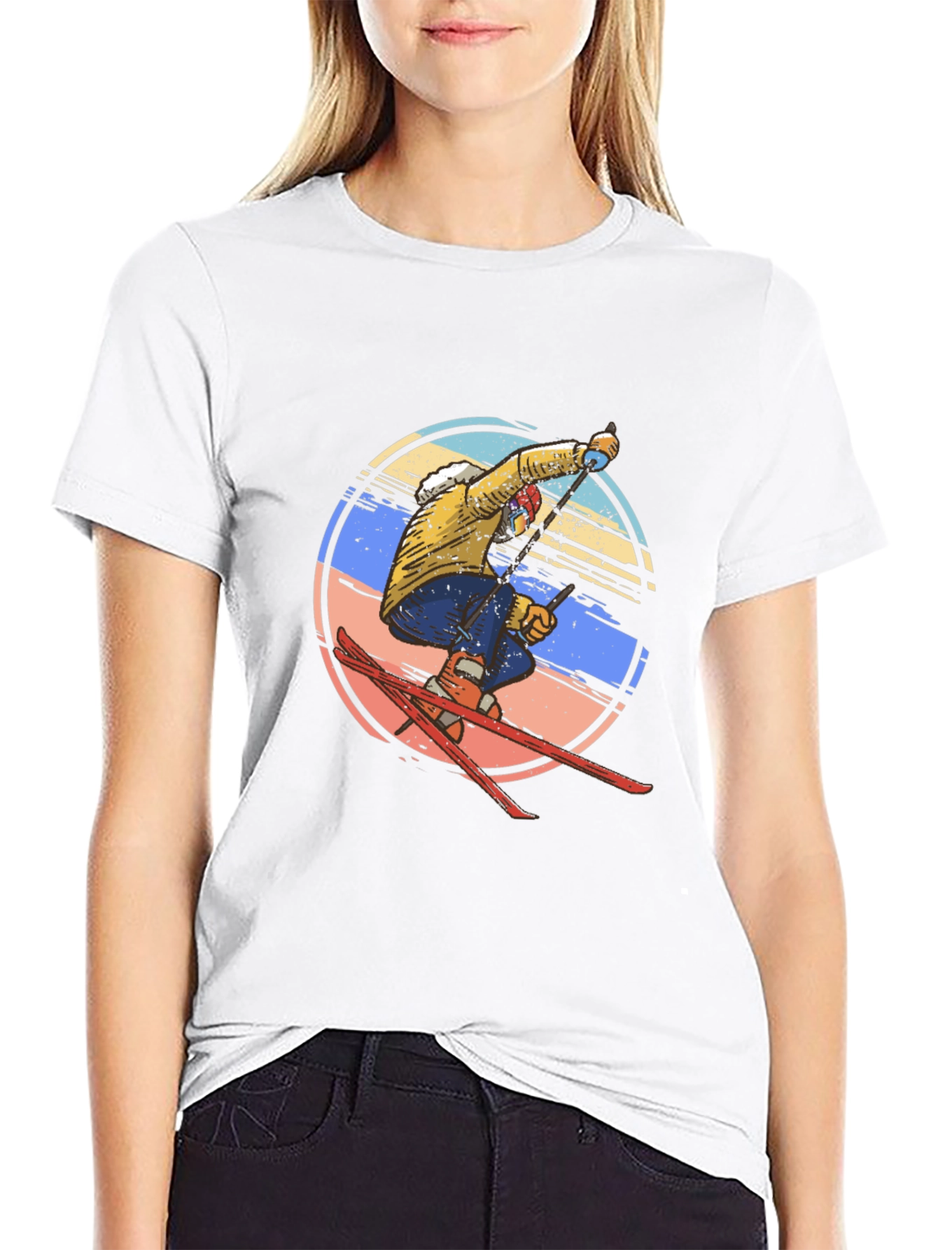 Retro Skiing Graphic Tee - Mens Black Cotton T-Shirt