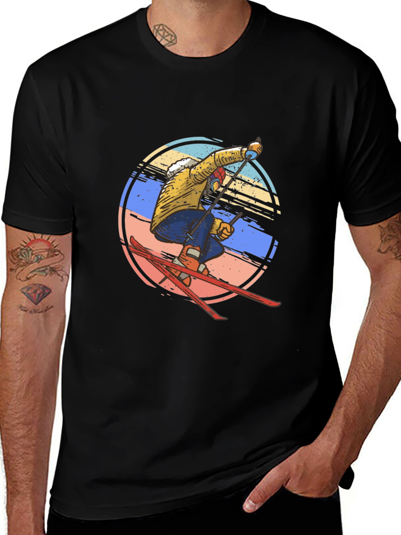 Retro Skiing Graphic Tee - Mens Black Cotton T-Shirt