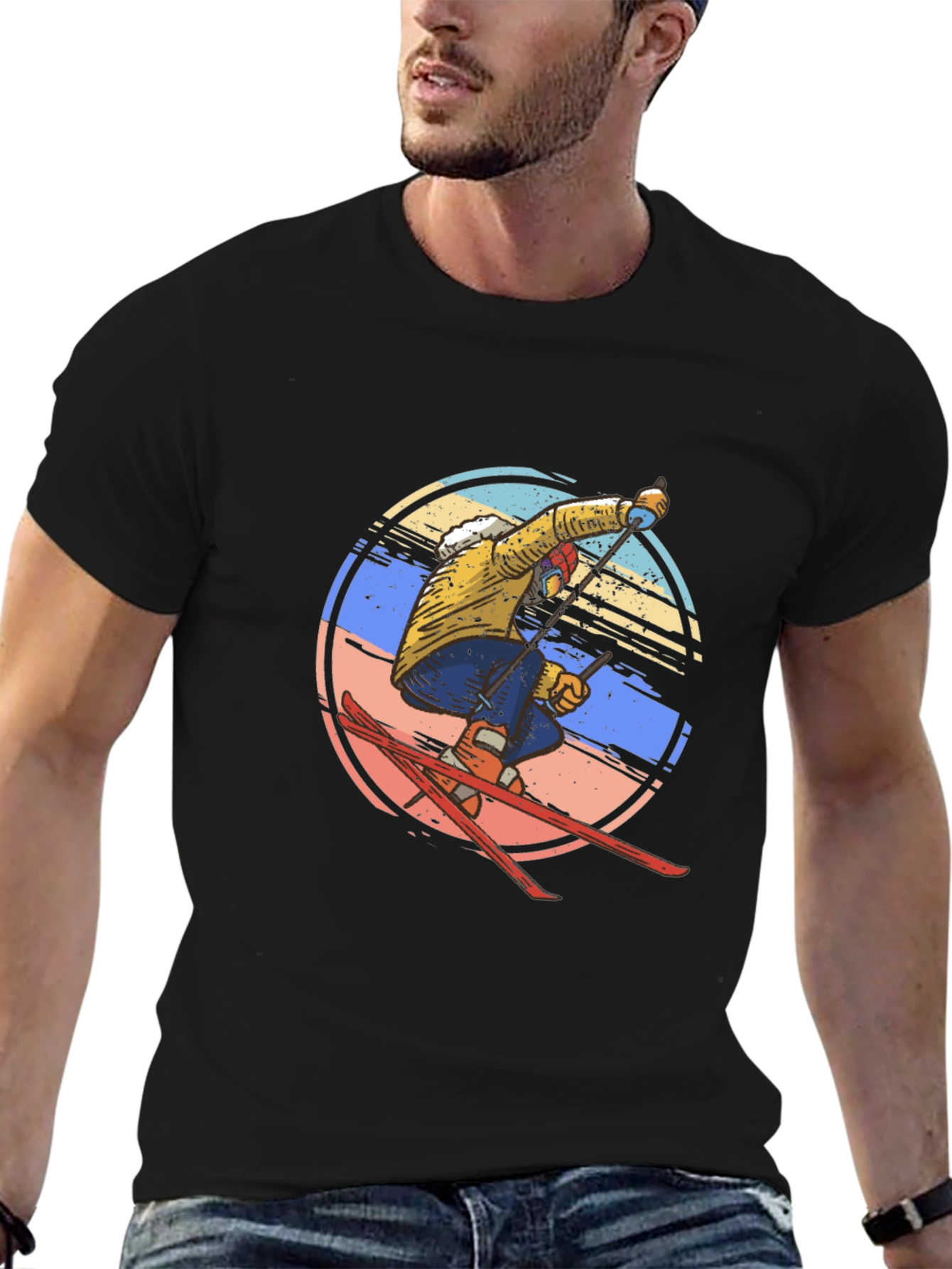 Retro Skiing Graphic Tee - Mens Black Cotton T-Shirt