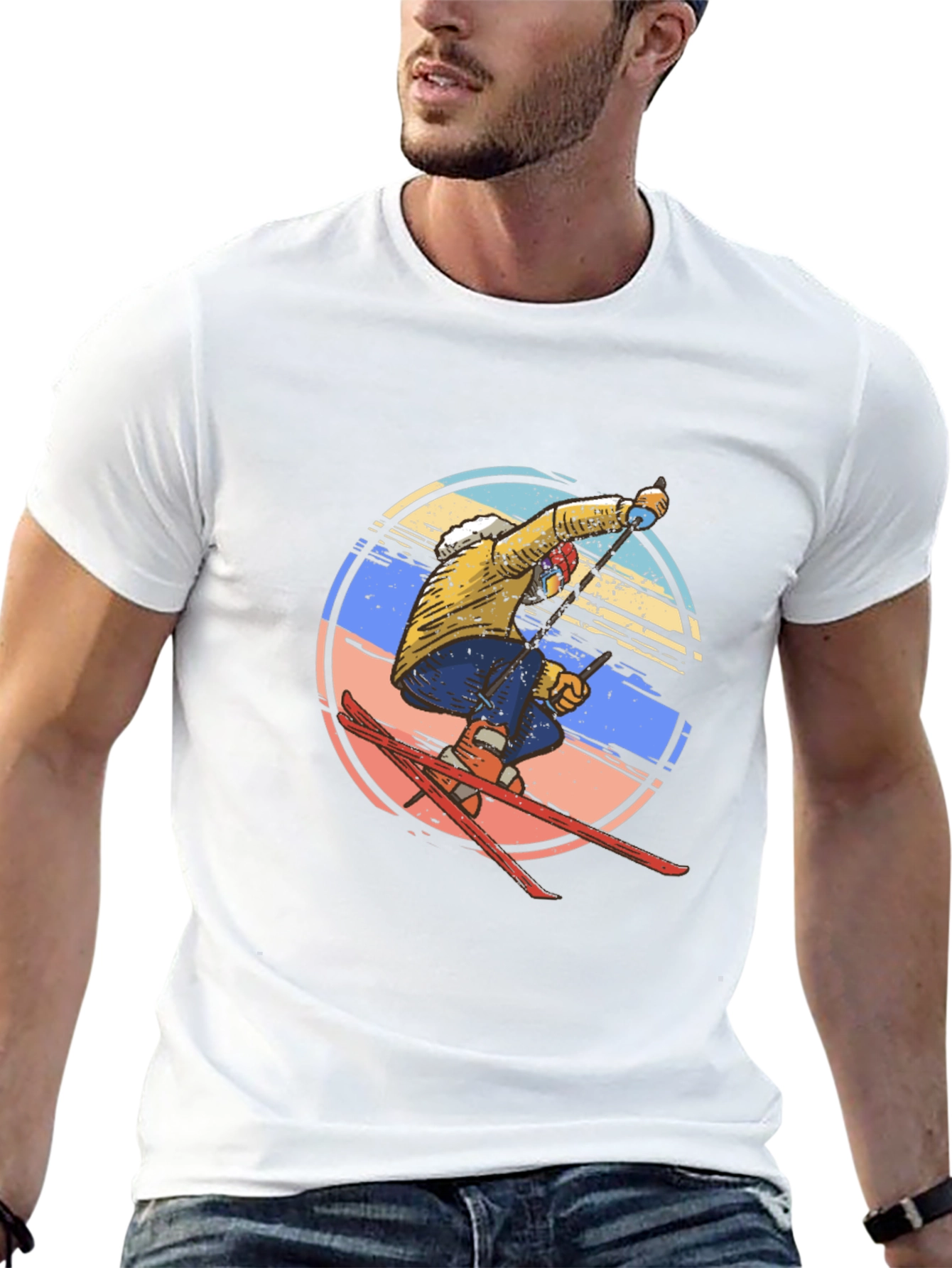 Retro Skiing Graphic Tee - Mens Black Cotton T-Shirt