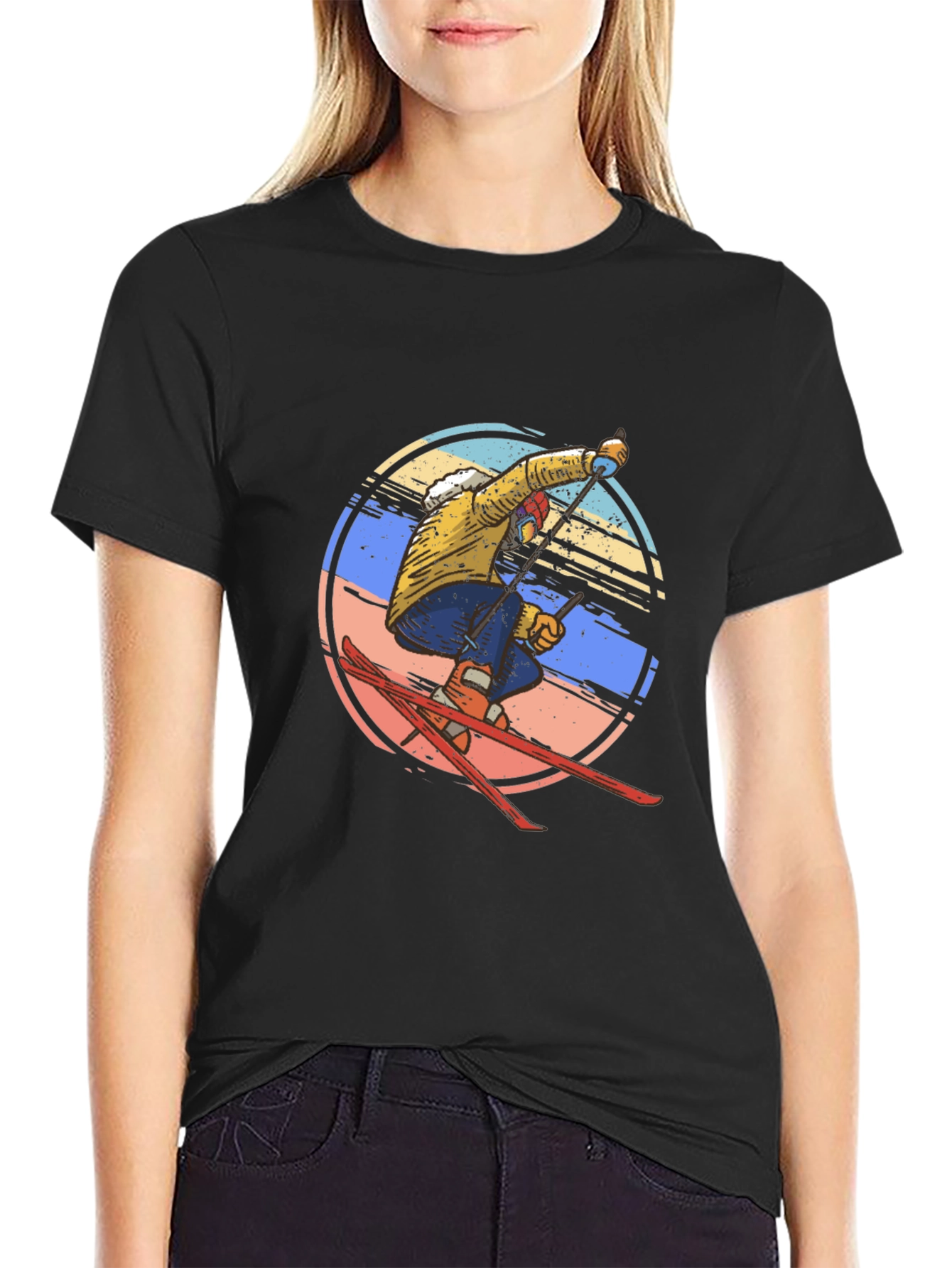 Retro Skiing Graphic Tee - Mens Black Cotton T-Shirt