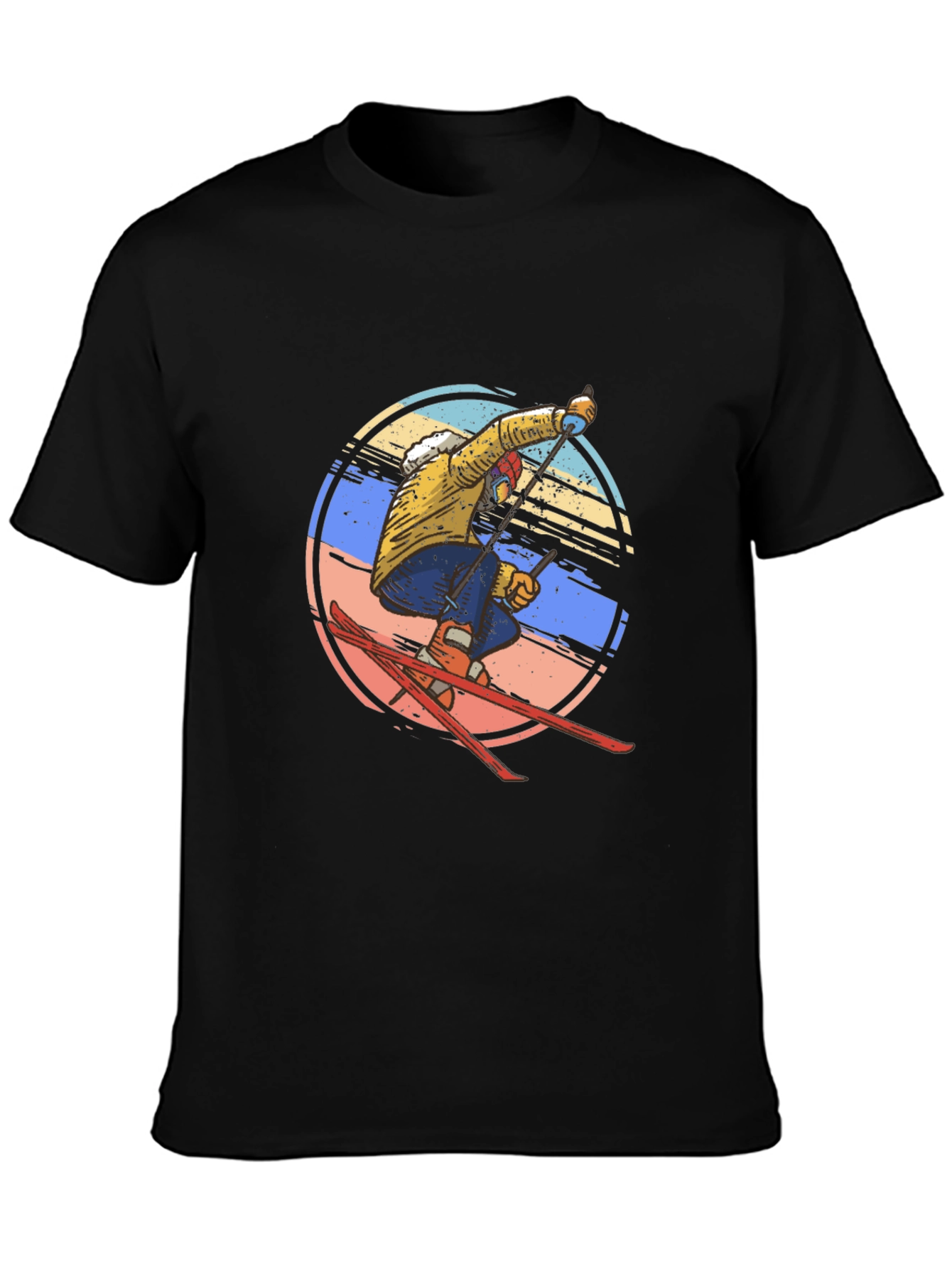 Retro Skiing Graphic Tee - Mens Black Cotton T-Shirt