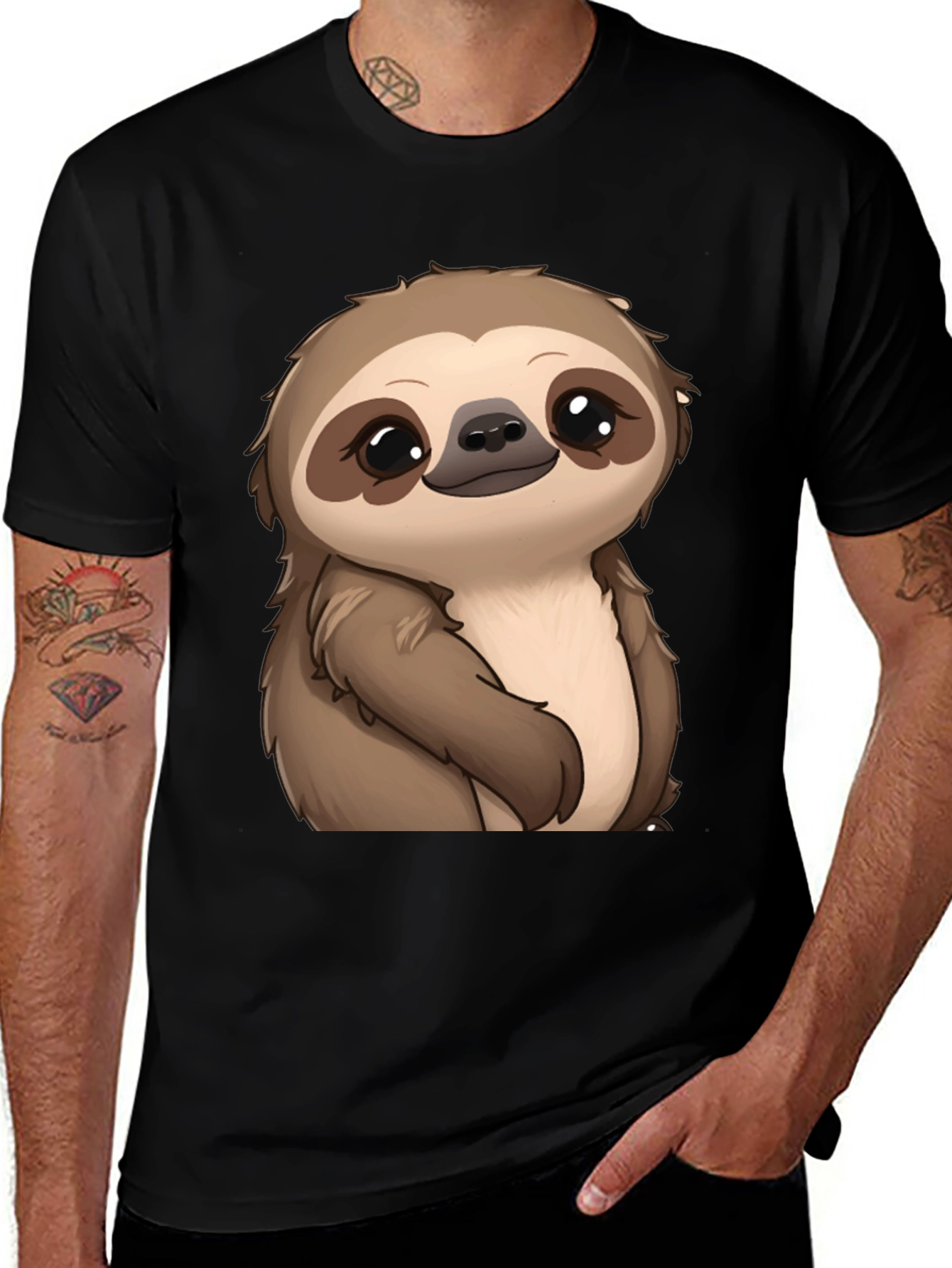 Cute Sloth Graphic Print Black T-Shirt