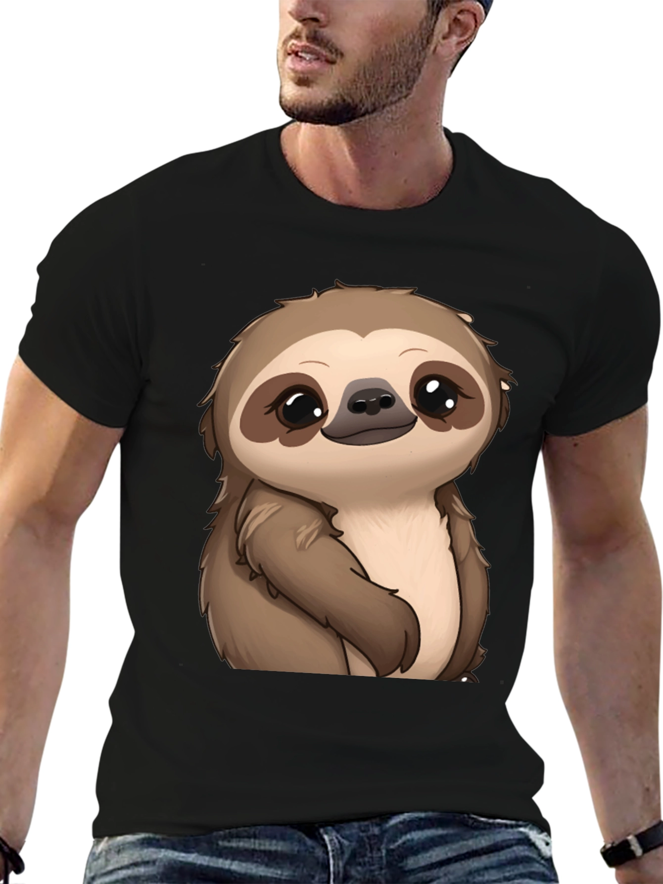 Cute Sloth Graphic Print Black T-Shirt