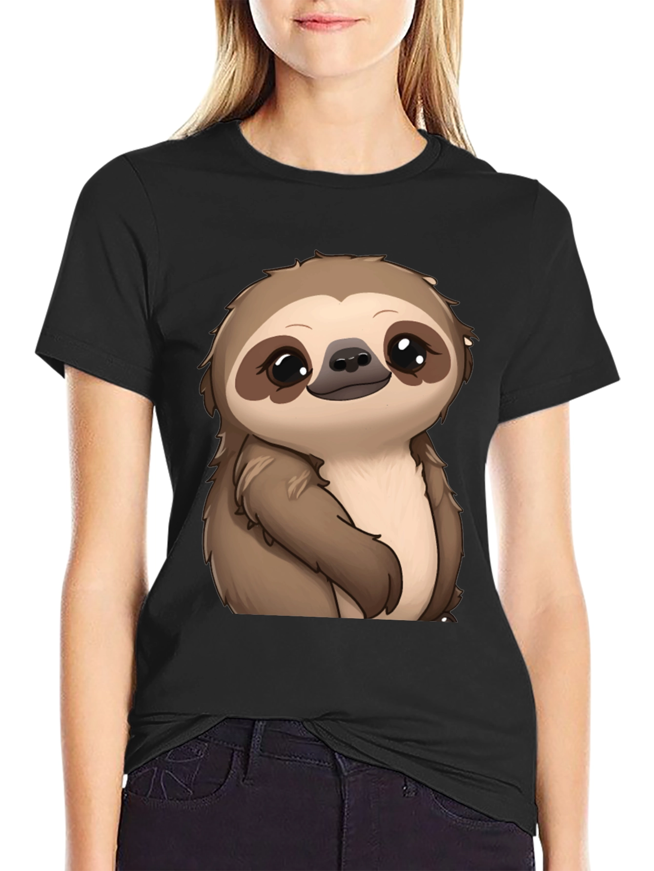 Cute Sloth Graphic Print Black T-Shirt