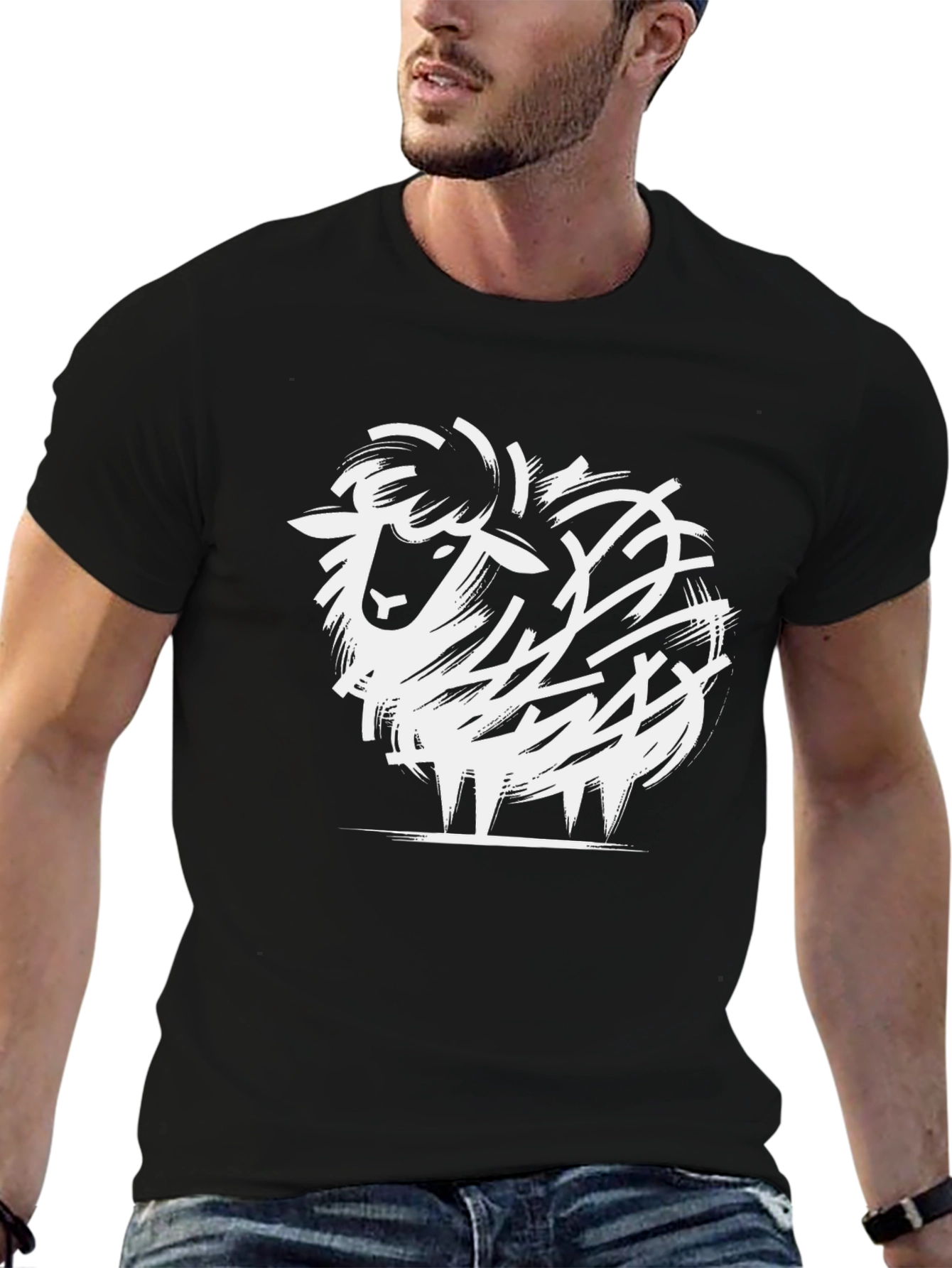 Abstract Sheep Graphic Tee - Black Cotton Blend T-Shirt