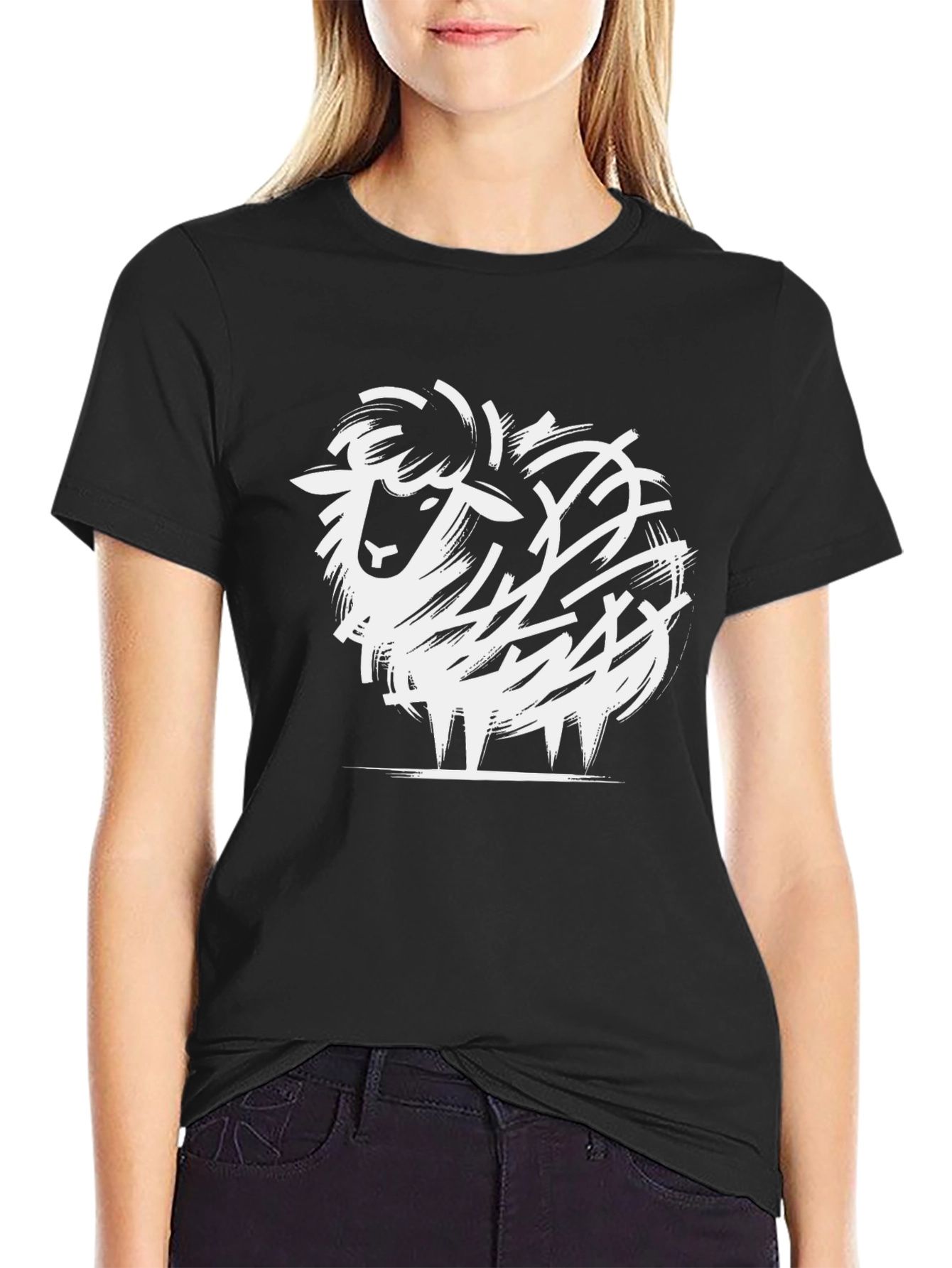 Abstract Sheep Graphic Tee - Black Cotton Blend T-Shirt