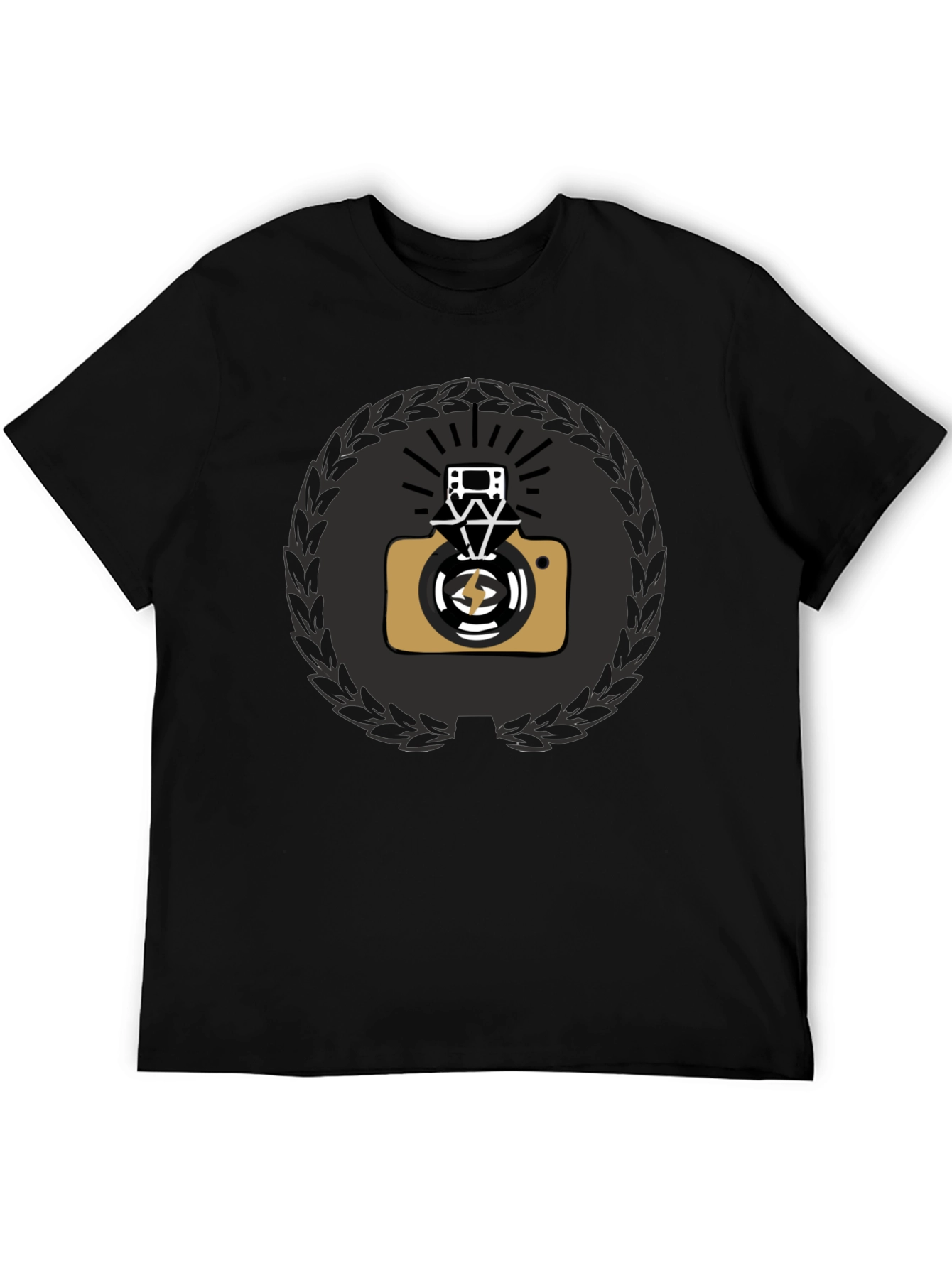 Black Graphic Tee with Camera & Film Reel Design