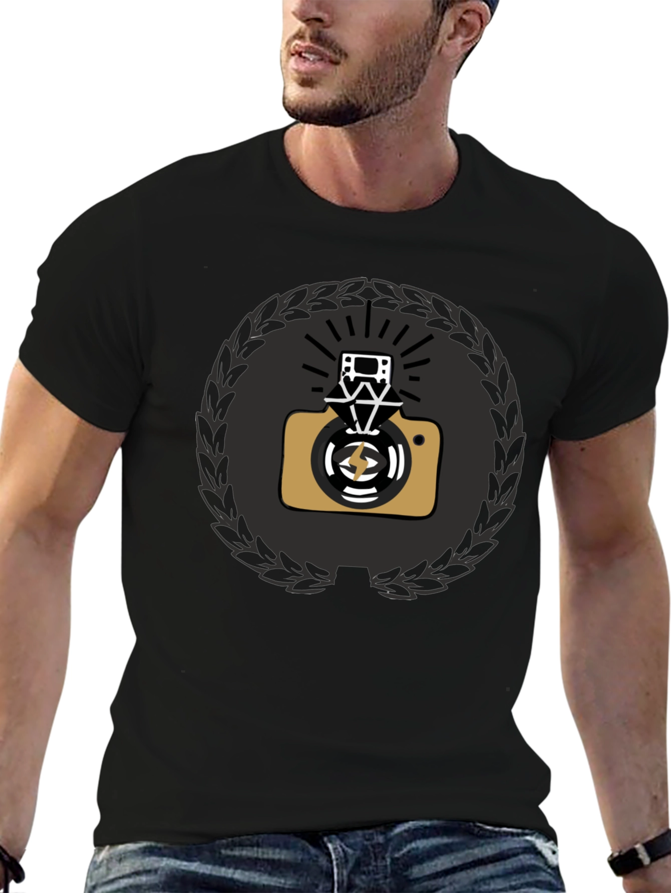 Black Graphic Tee with Camera & Film Reel Design