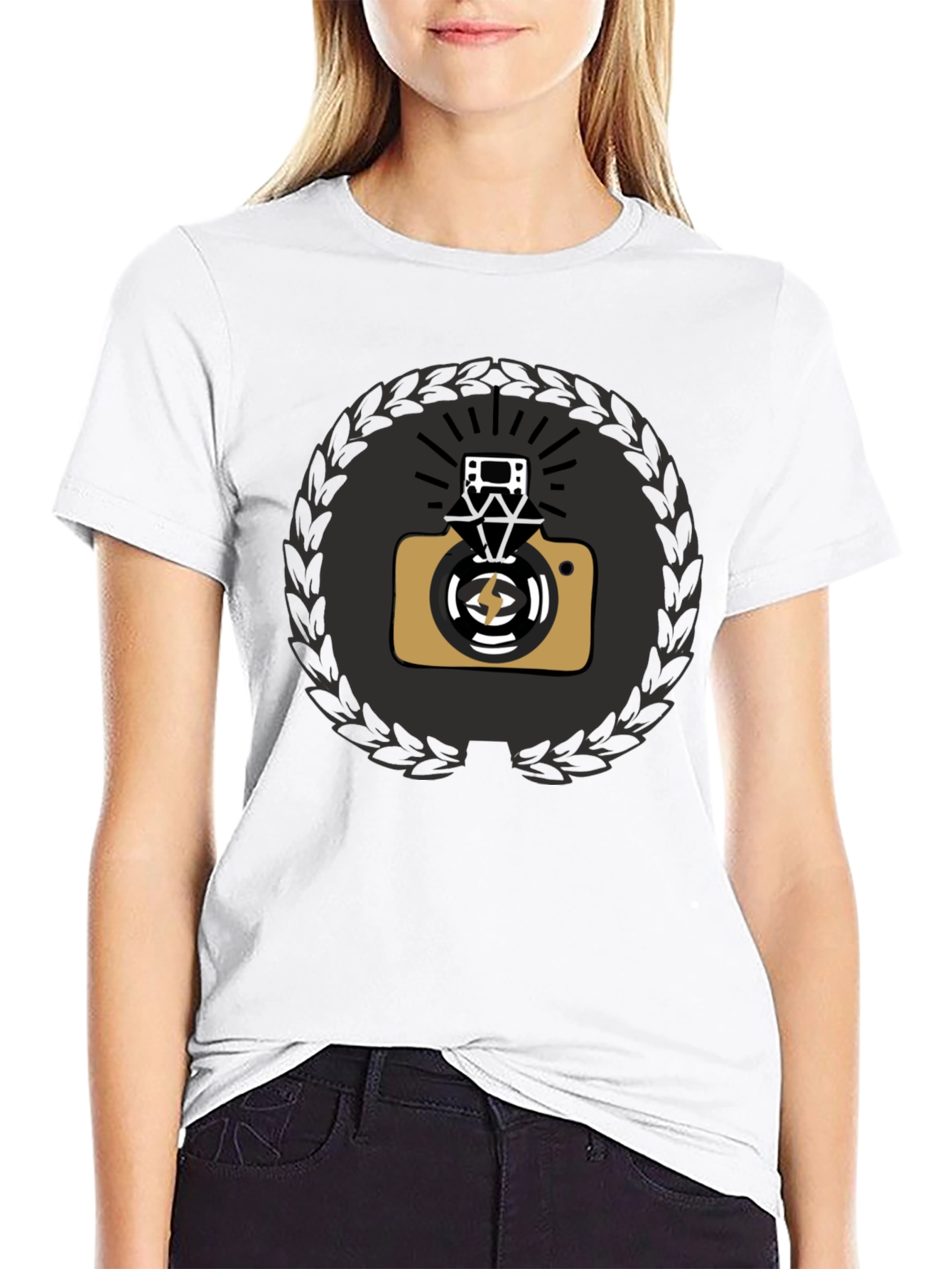 Black Graphic Tee with Camera & Film Reel Design