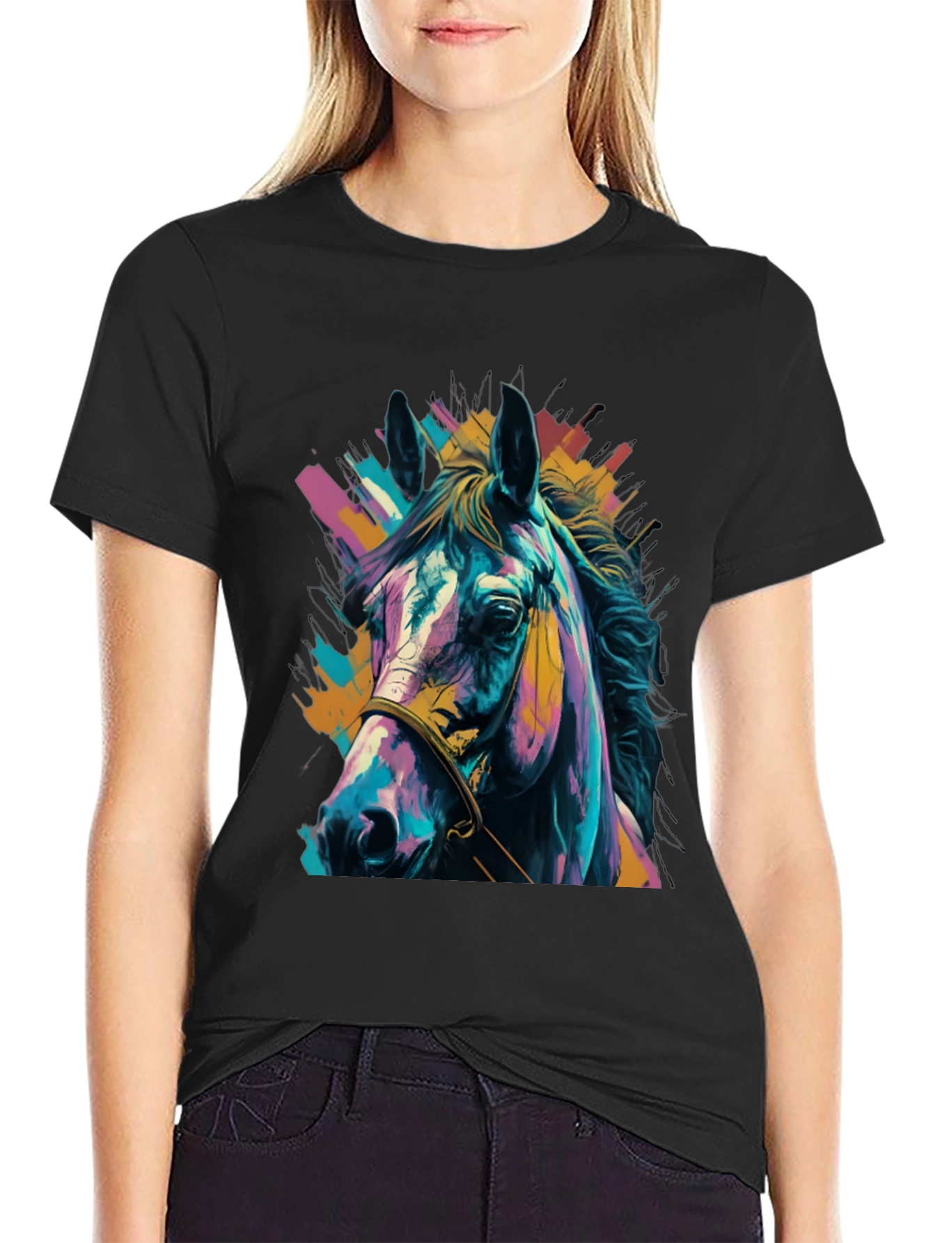 Vibrant Horse Graphic Tee - Unisex Black T-Shirt