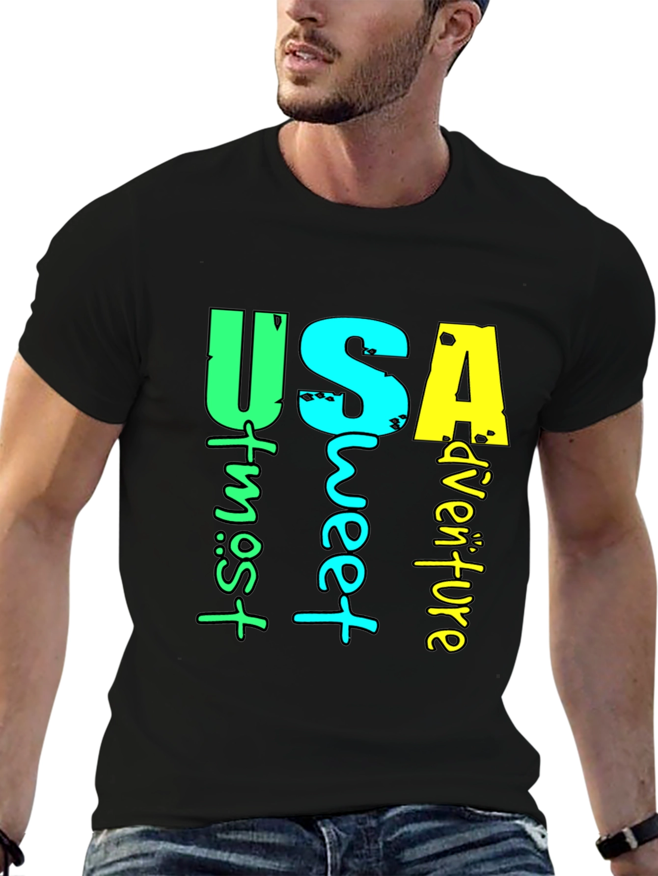 USA Adventure Graphic Print Black T-Shirt