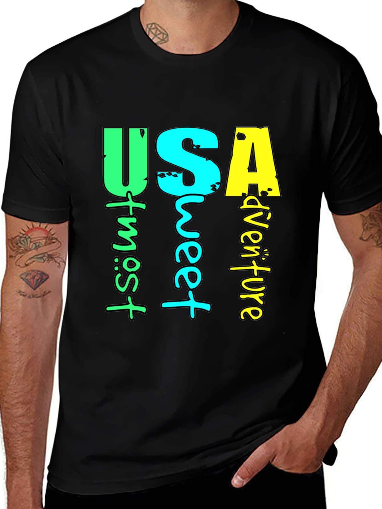 USA Adventure Graphic Print Black T-Shirt
