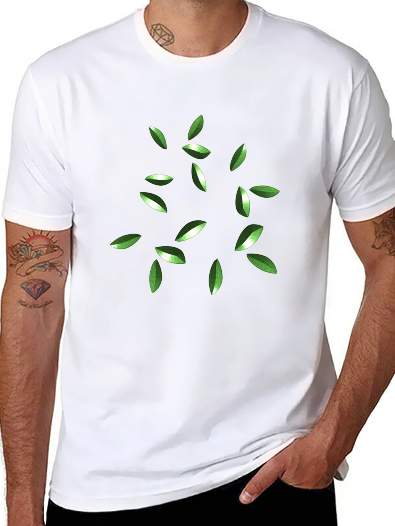 Green Leaves Graphic Black T-Shirt