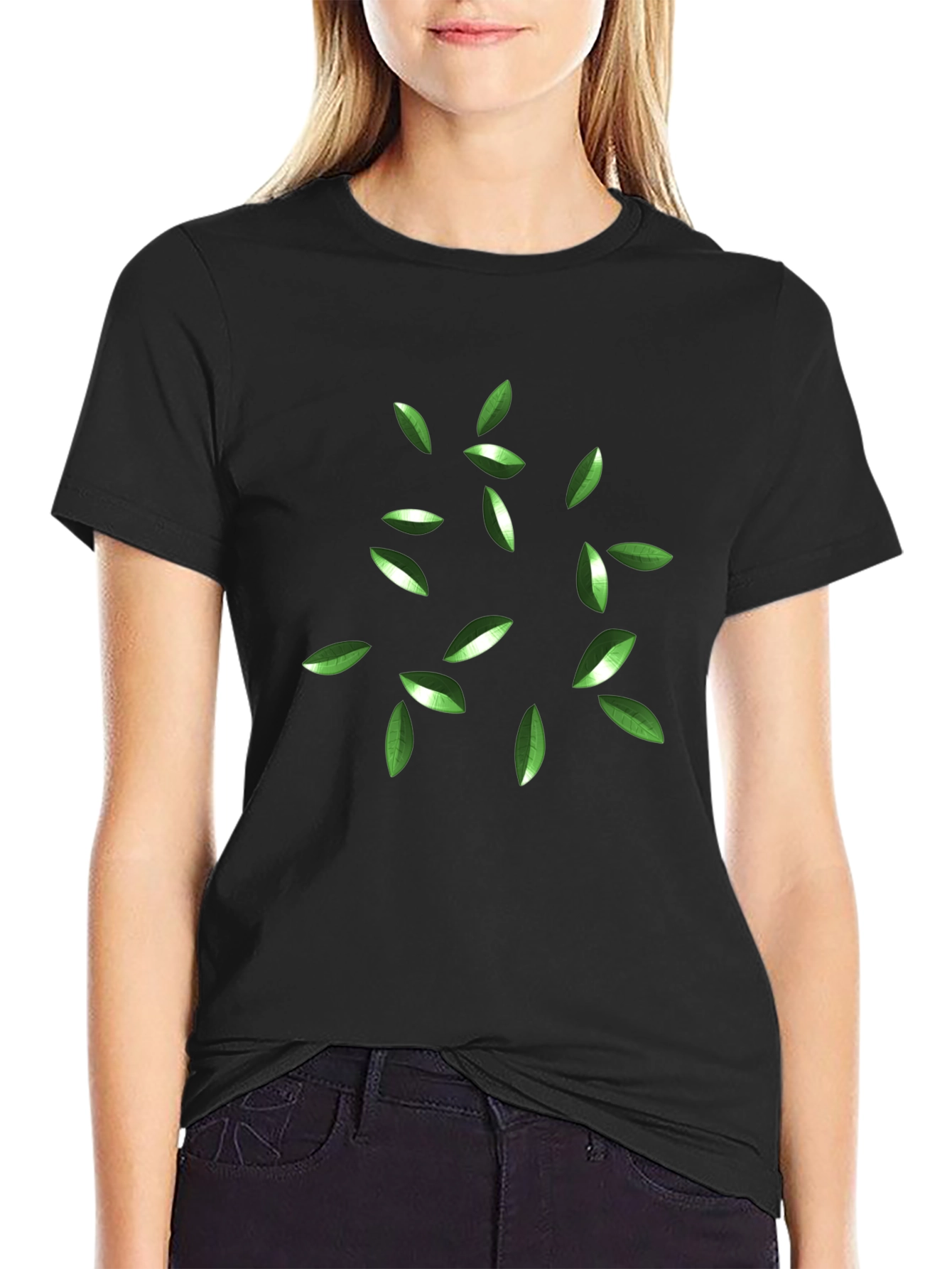 Green Leaves Graphic Black T-Shirt