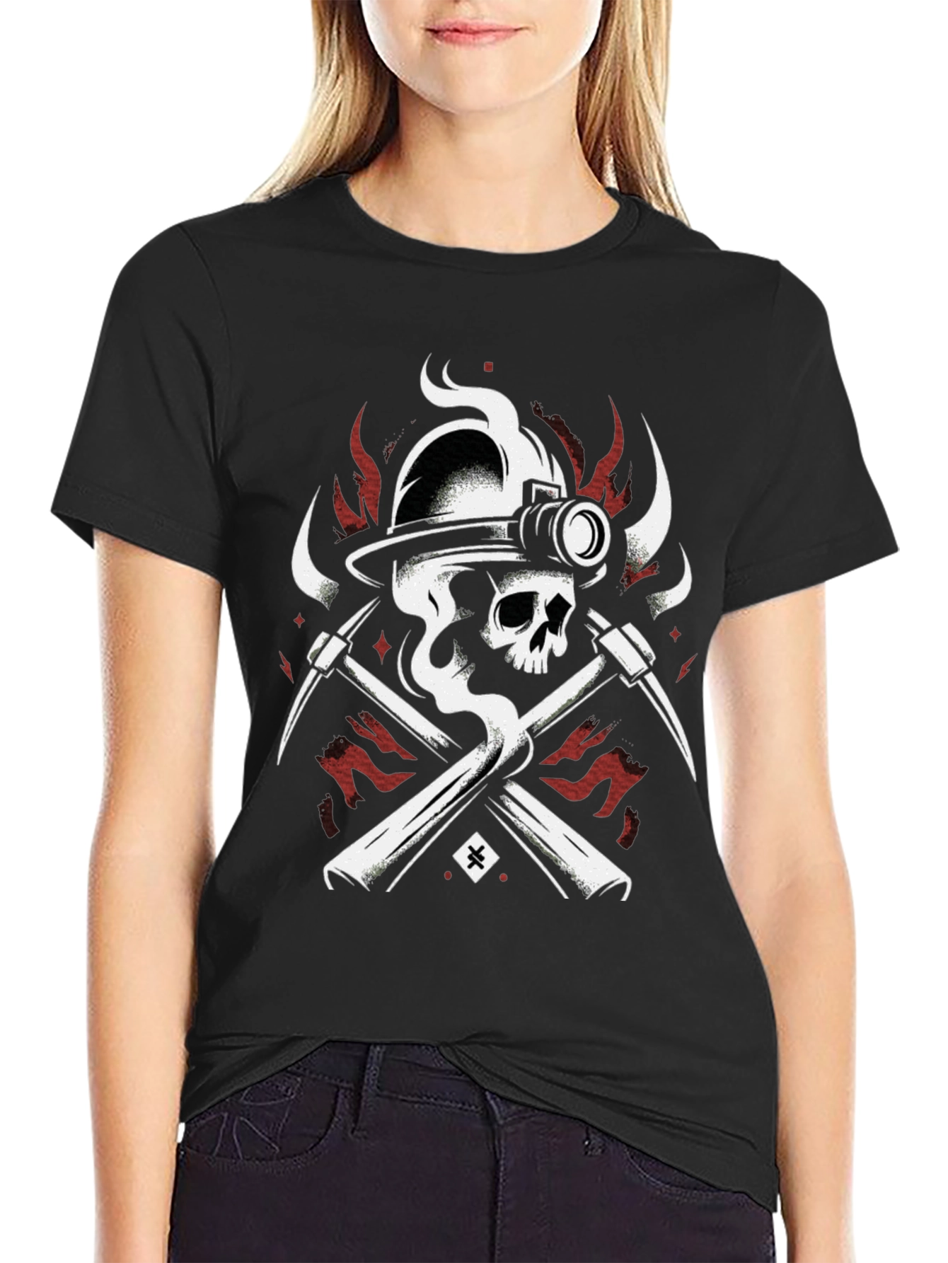 Miner Skull T-Shirt - Crossed Pickaxes and Helmet