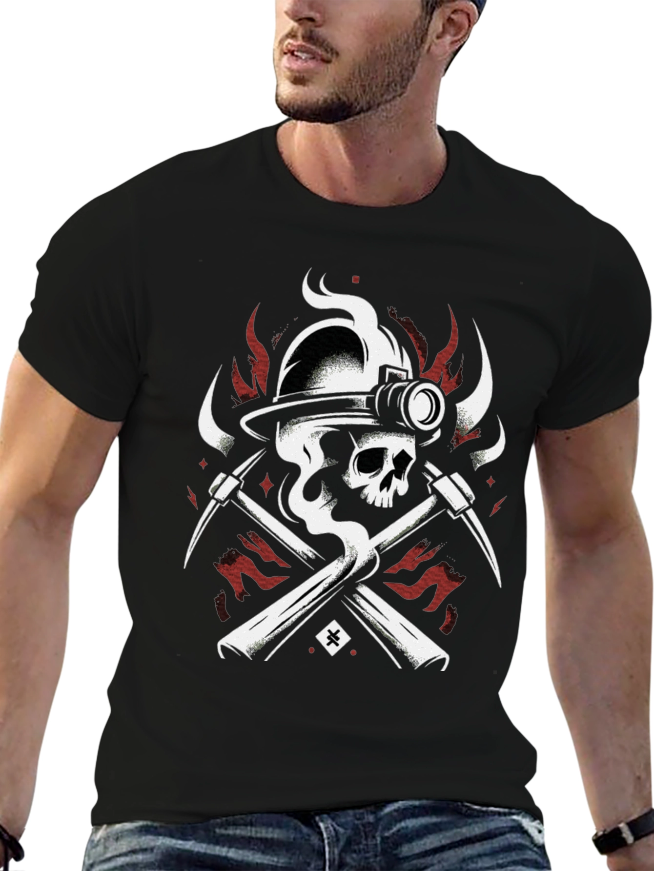 Miner Skull T-Shirt - Crossed Pickaxes and Helmet